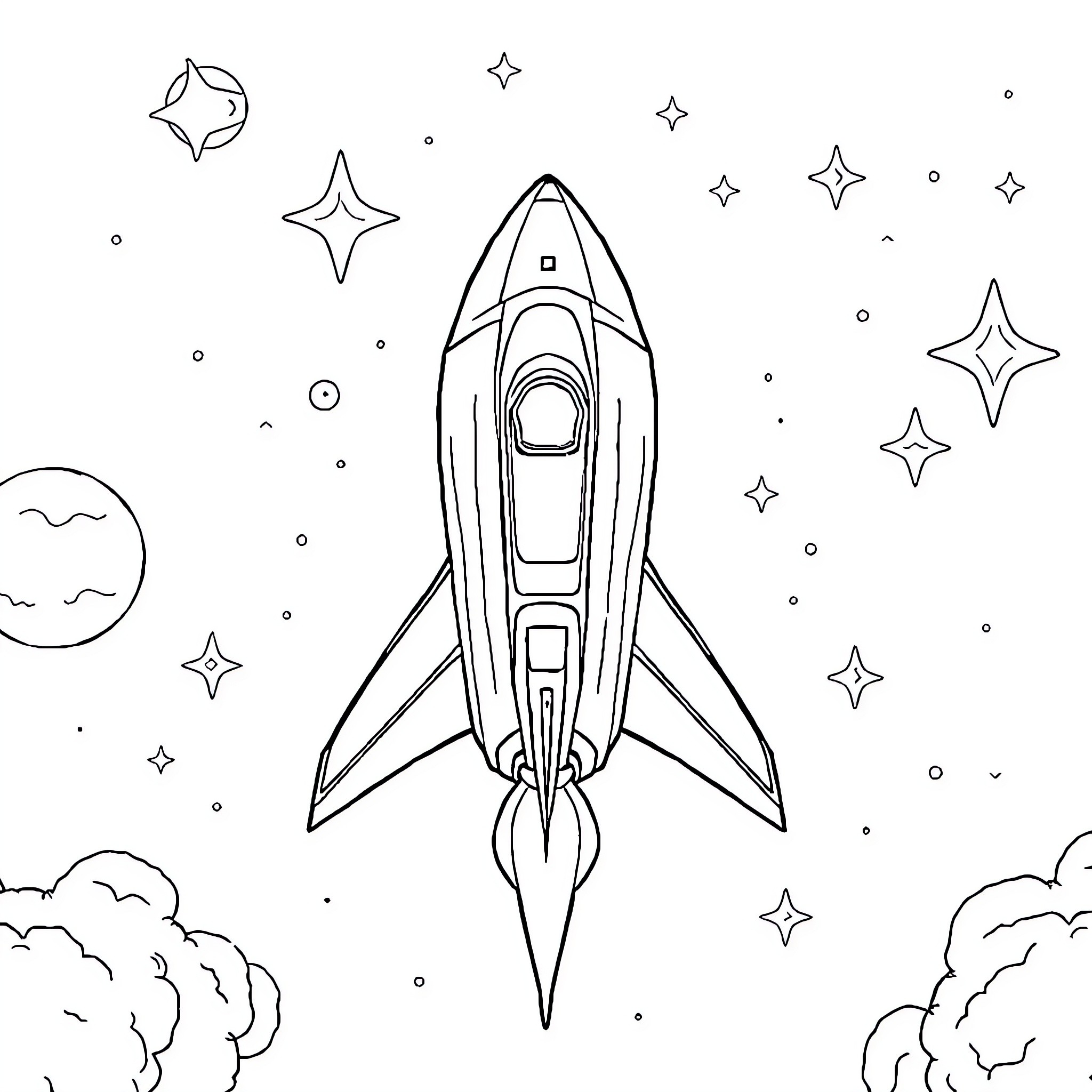 Space Shuttle Launching Amidst Twinkling Stars Coloring Page (free black-and-white line drawing printable PDF for all, from beginners to advanced learners, including children, teens, adults, and seniors)
