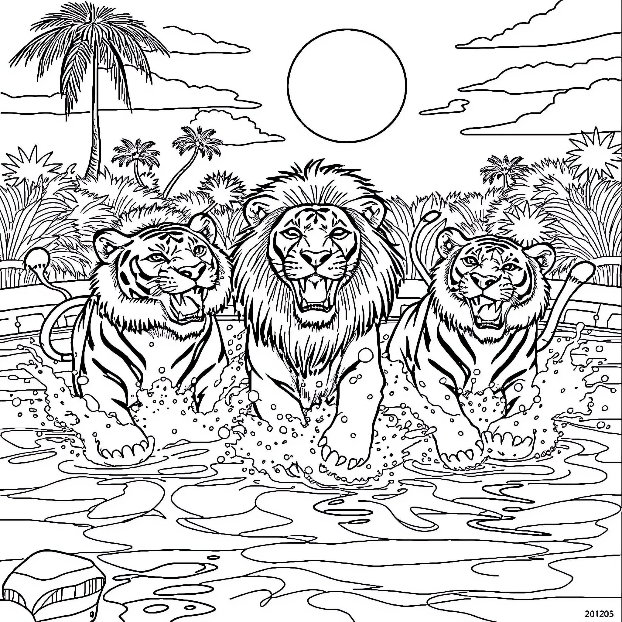 Lion trio relaxing in tropical oasis Coloring Page (free black-and-white line drawing printable PDF for all, from beginners to advanced learners, including children, teens, adults, and seniors)