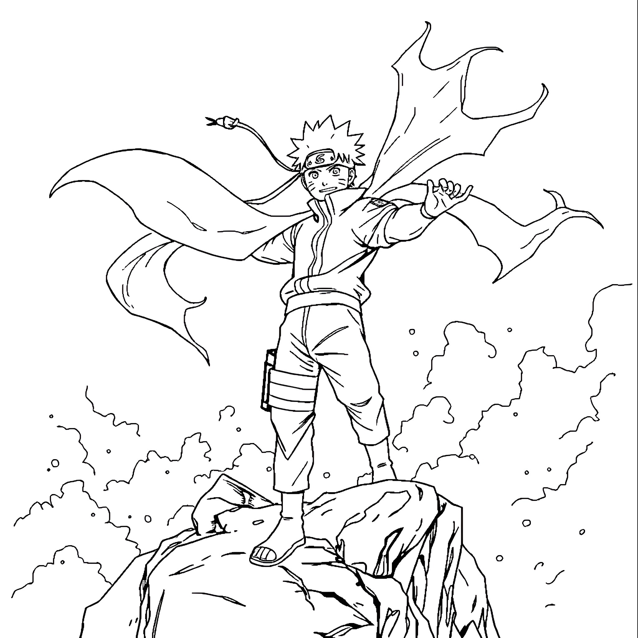 Naruto unleashing powerful jutsu in epic battle scene Coloring Page (free black-and-white line drawing printable PDF for all, from beginners to advanced learners, including children, teens, adults, and seniors)