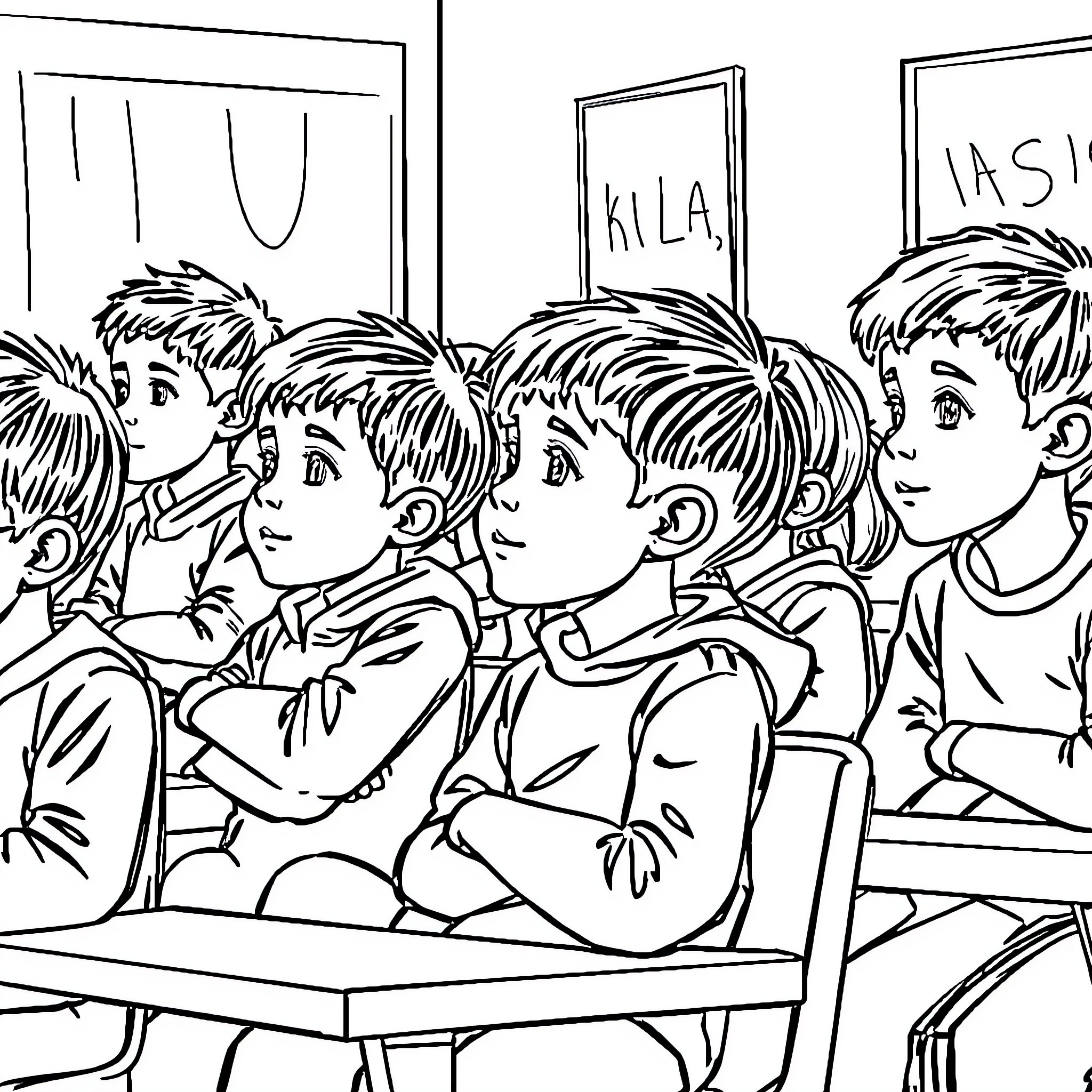 Niños studying diligently in the classroom Coloring Page (free black-and-white line drawing printable PDF for all, from beginners to advanced learners, including children, teens, adults, and seniors)