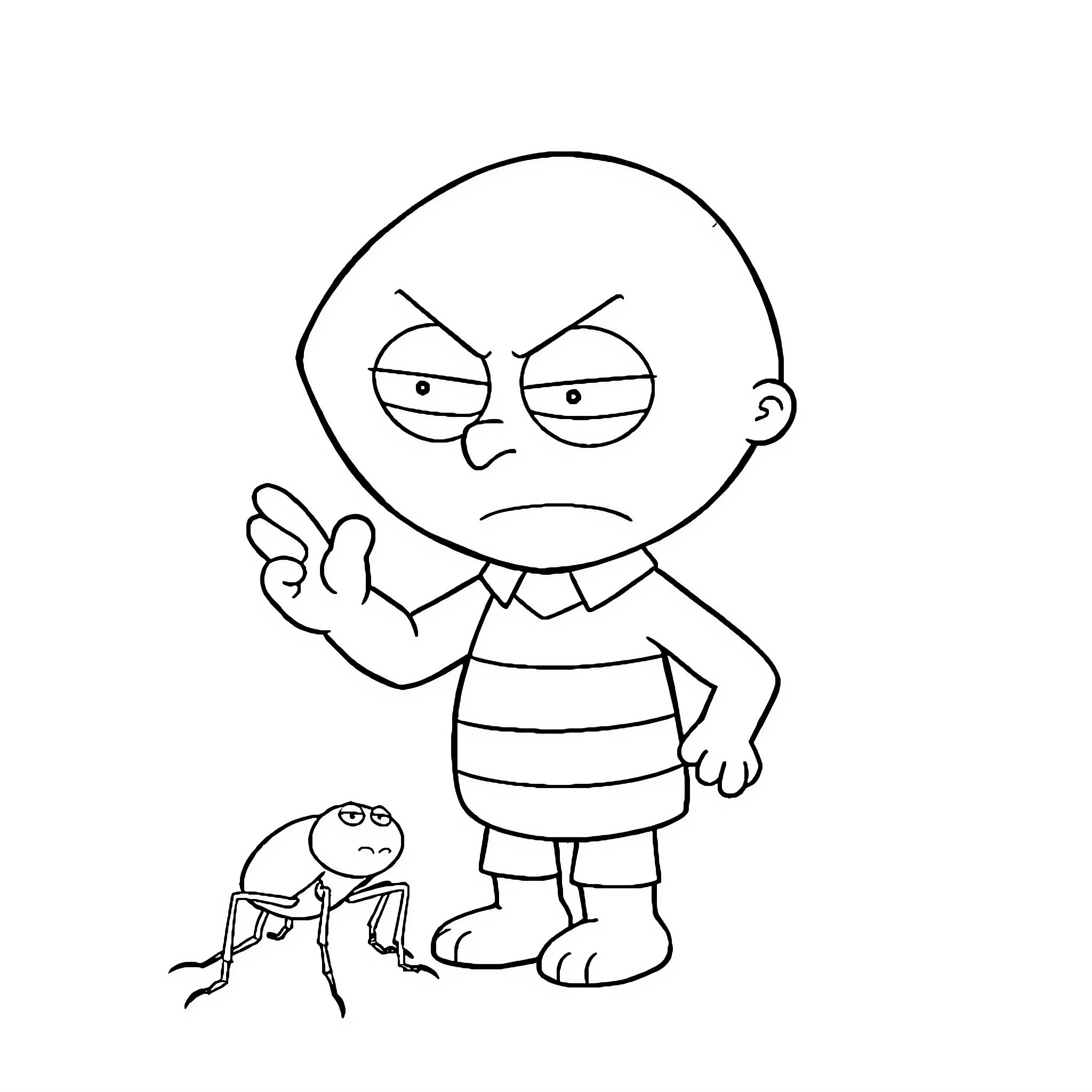 Stewie Griffin feeling annoyed with tiny insect Coloring Page (free black-and-white line drawing printable PDF for all, from beginners to advanced learners, including children, teens, adults, and seniors)