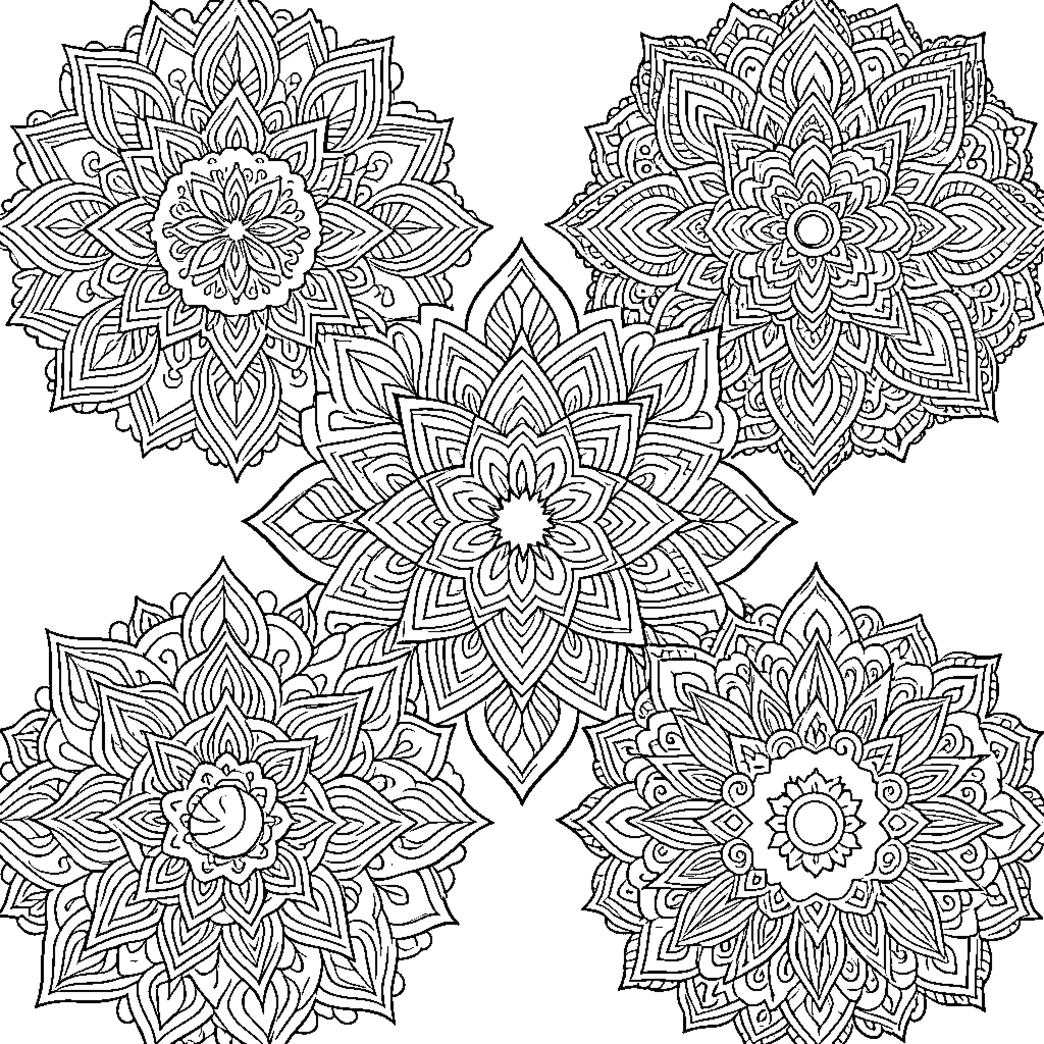 Mandalas of intricate floral designs Coloring Page (free black-and-white line drawing printable PDF for all, from beginners to advanced learners, including children, teens, adults, and seniors)