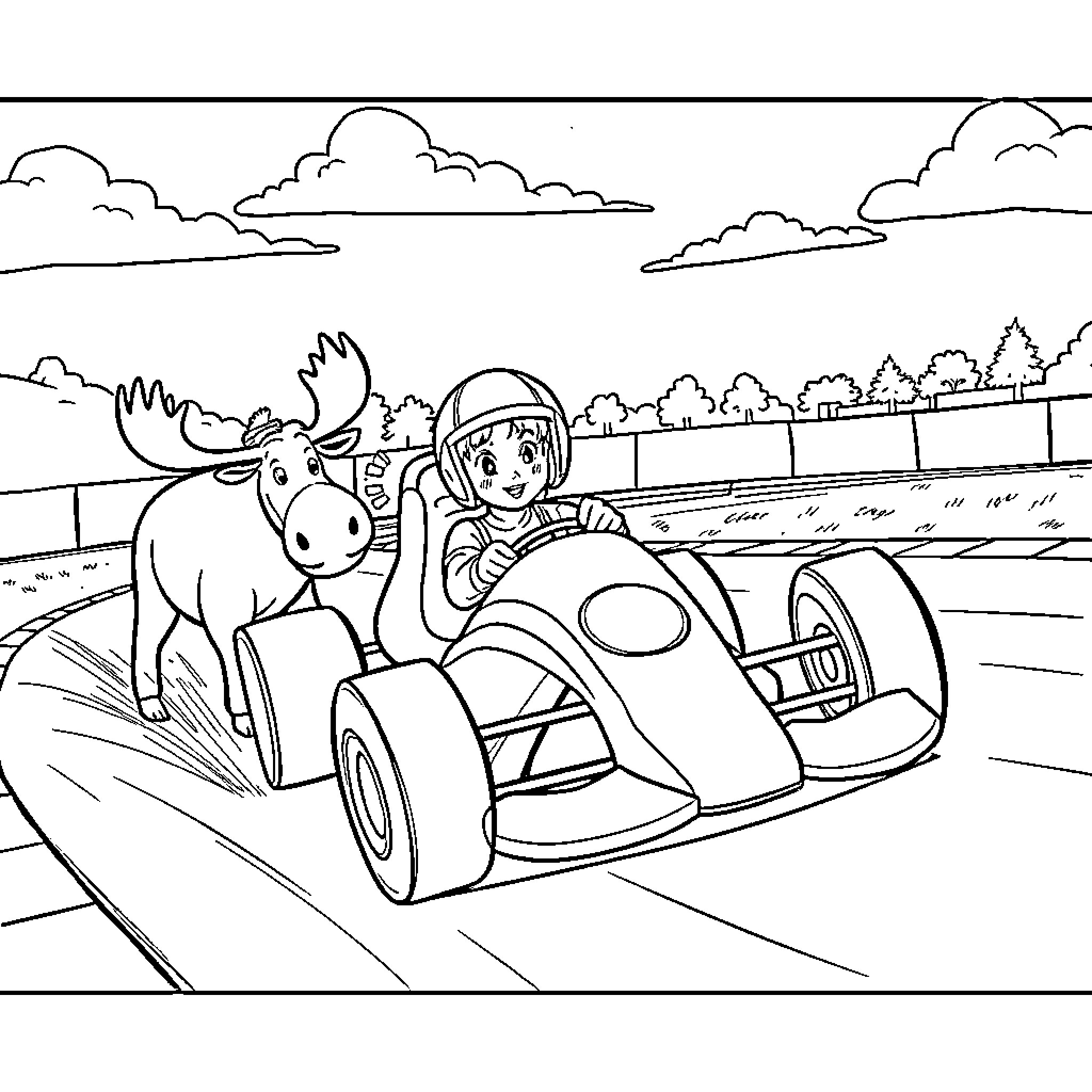 Girl driving race car with moose companion Coloring Page (free black-and-white line drawing printable PDF for all, from beginners to advanced learners, including children, teens, adults, and seniors)