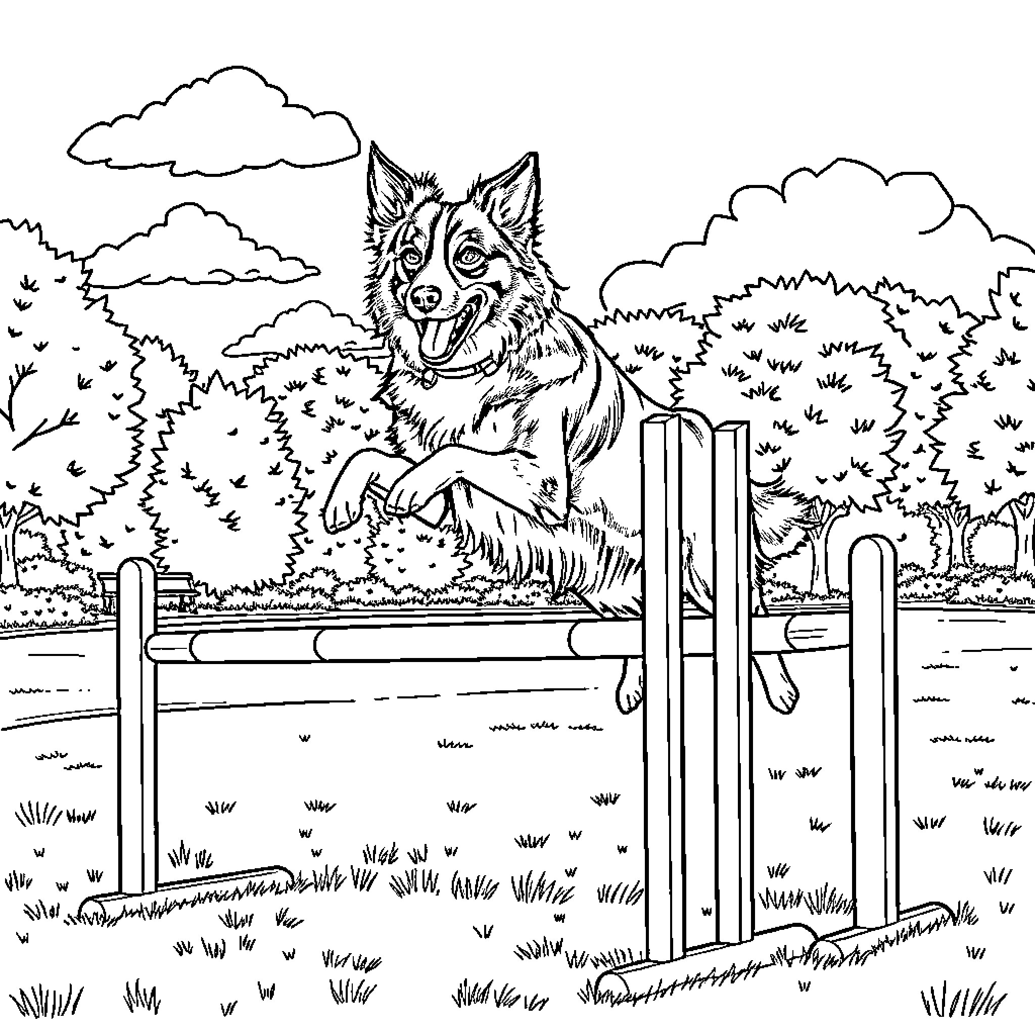 Border Collie leaping over obstacle in outdoor field Coloring Page (free black-and-white line drawing printable PDF for all, from beginners to advanced learners, including children, teens, adults, and seniors)