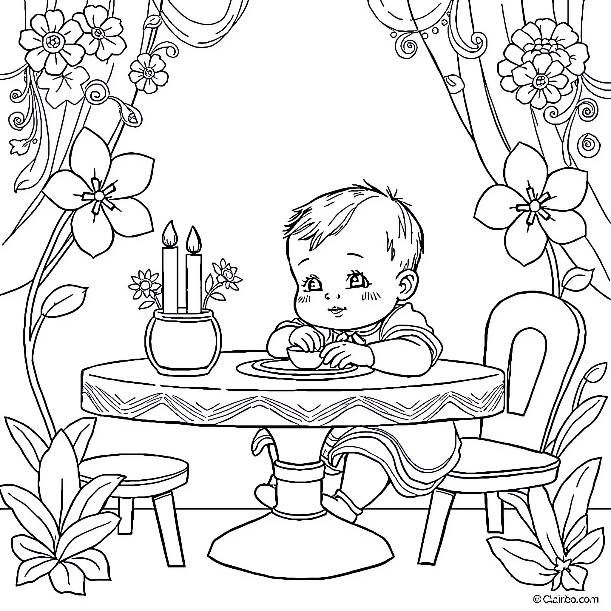 Bebe enjoying a cozy birthday celebration Coloring Page (free black-and-white line drawing printable PDF for all, from beginners to advanced learners, including children, teens, adults, and seniors)