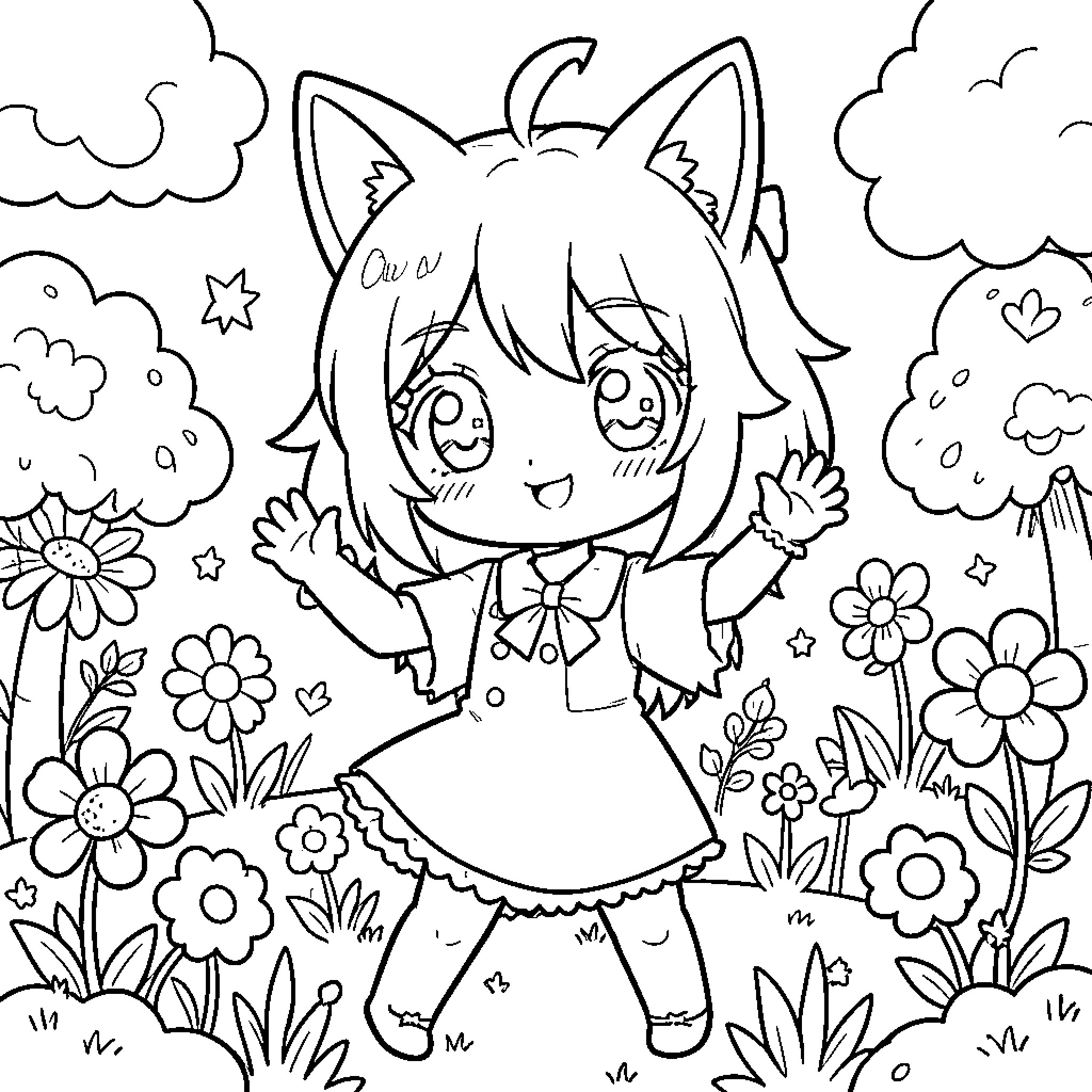 Cat Girl in Floral Field Happily Exploring Coloring Page (free black-and-white line drawing printable PDF for all, from beginners to advanced learners, including children, teens, adults, and seniors)