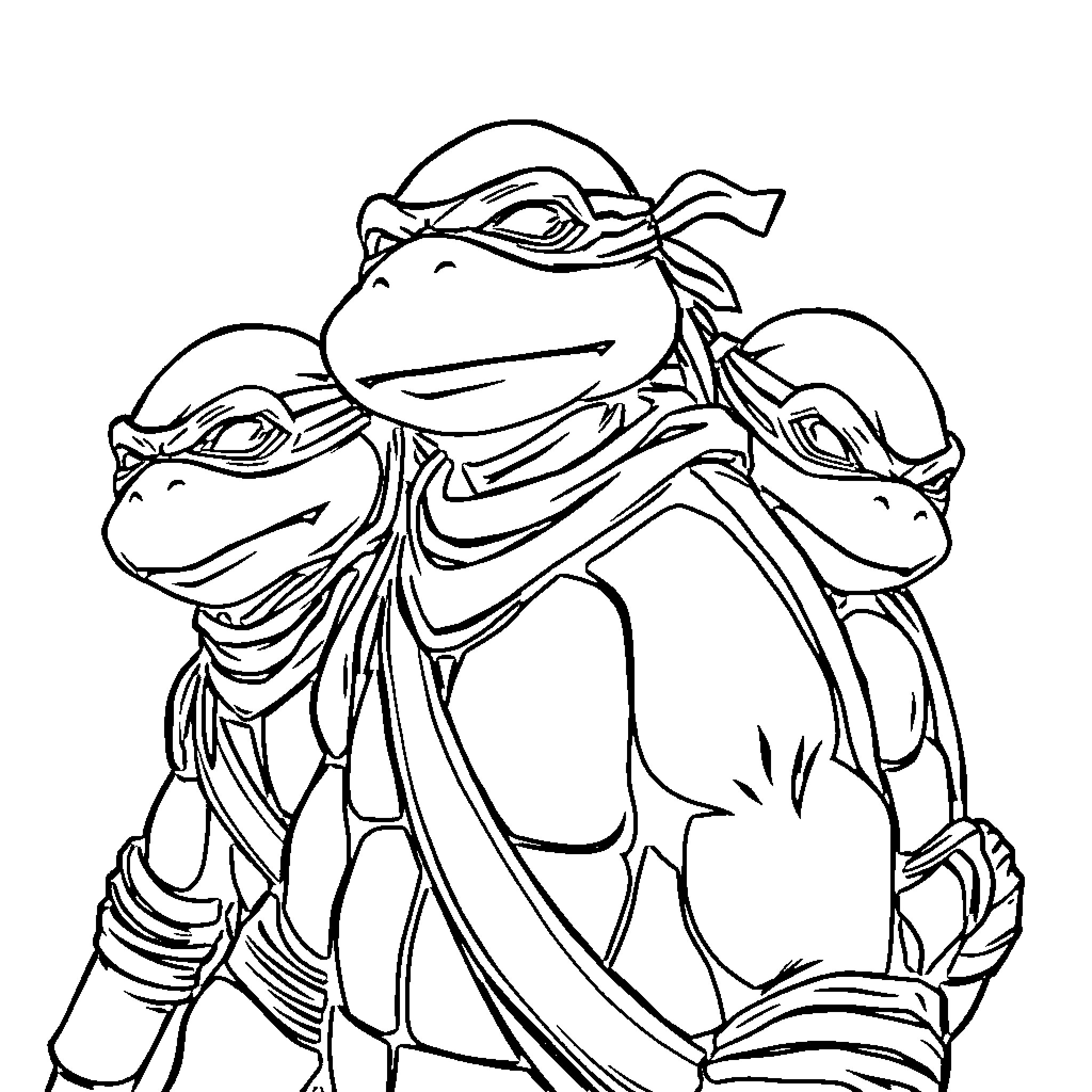 Ninja Turtles in heroic action poses Coloring Page (free black-and-white line drawing printable PDF for all, from beginners to advanced learners, including children, teens, adults, and seniors)