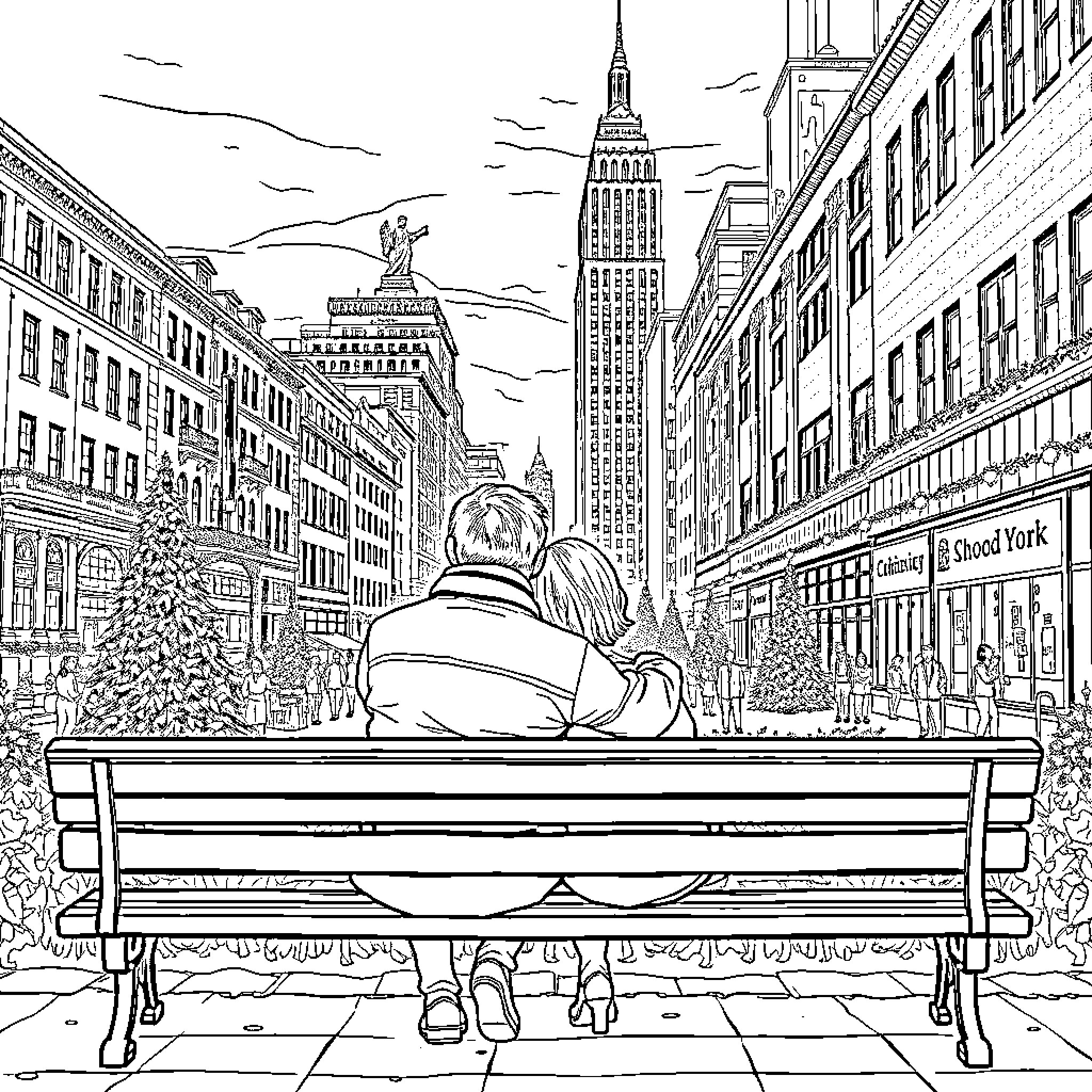 Couple enjoying the city view from a park bench Coloring Page (free black-and-white line drawing printable PDF for all, from beginners to advanced learners, including children, teens, adults, and seniors)