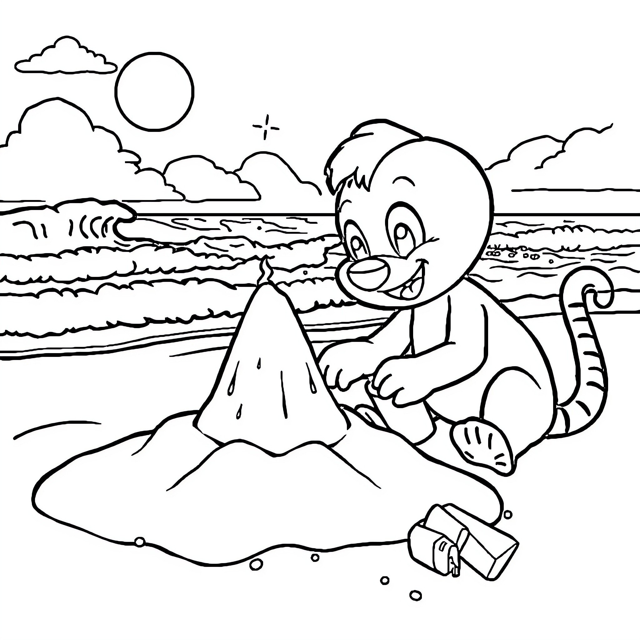 Bluey enjoying a day at the beach Coloring Page (free black-and-white line drawing printable PDF for all, from beginners to advanced learners, including children, teens, adults, and seniors)