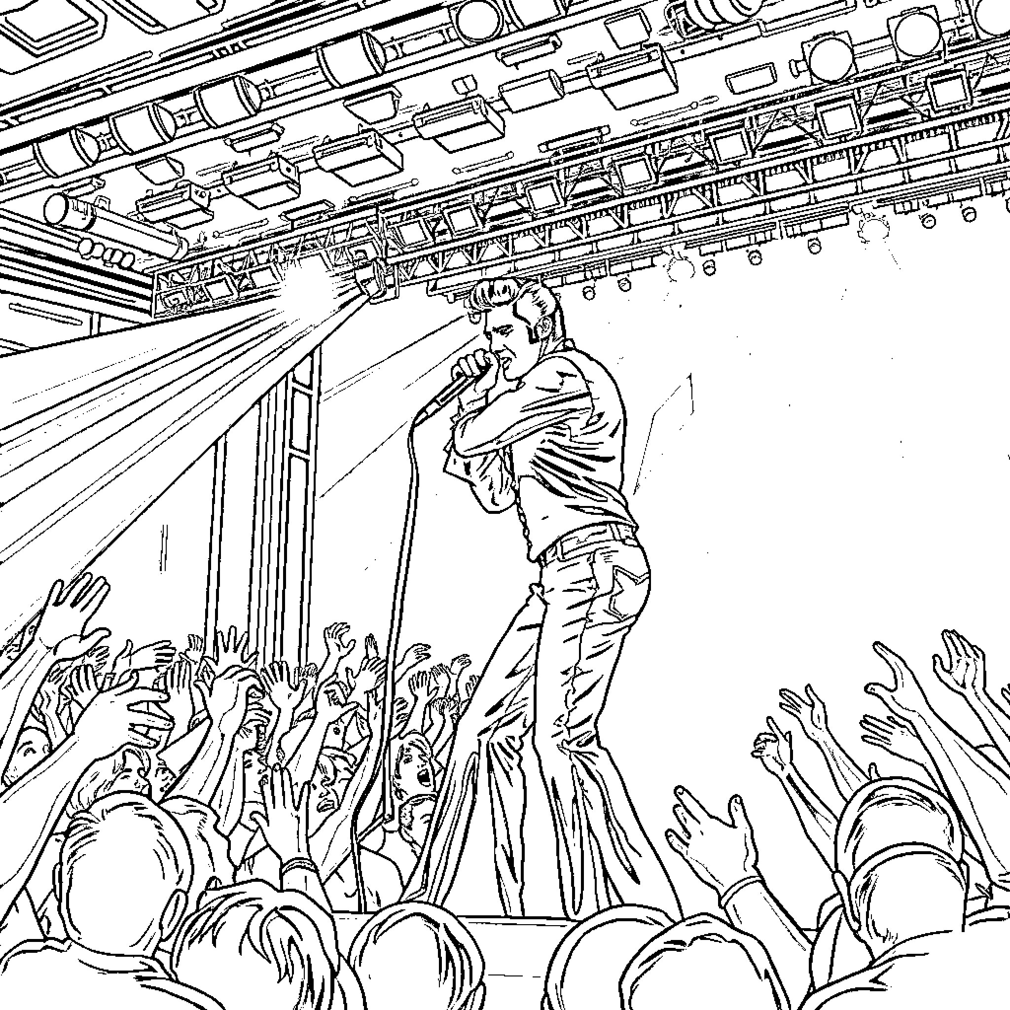 Elvis Presley Performing for Enthusiastic Crowd Coloring Page (free black-and-white line drawing printable PDF for all, from beginners to advanced learners, including children, teens, adults, and seniors)