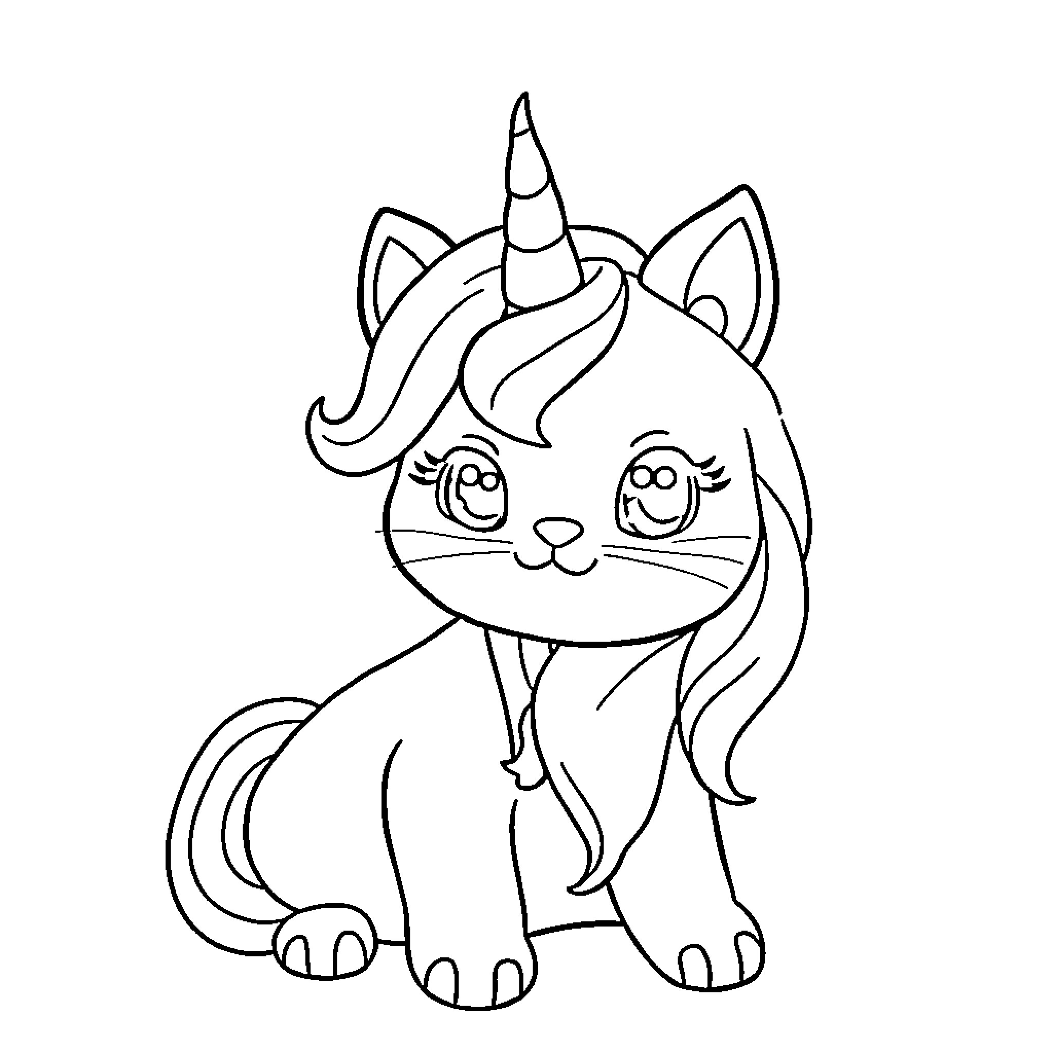 Unicorn Cat with a Whimsical Expression Coloring Page (free black-and-white line drawing printable PDF for all, from beginners to advanced learners, including children, teens, adults, and seniors)