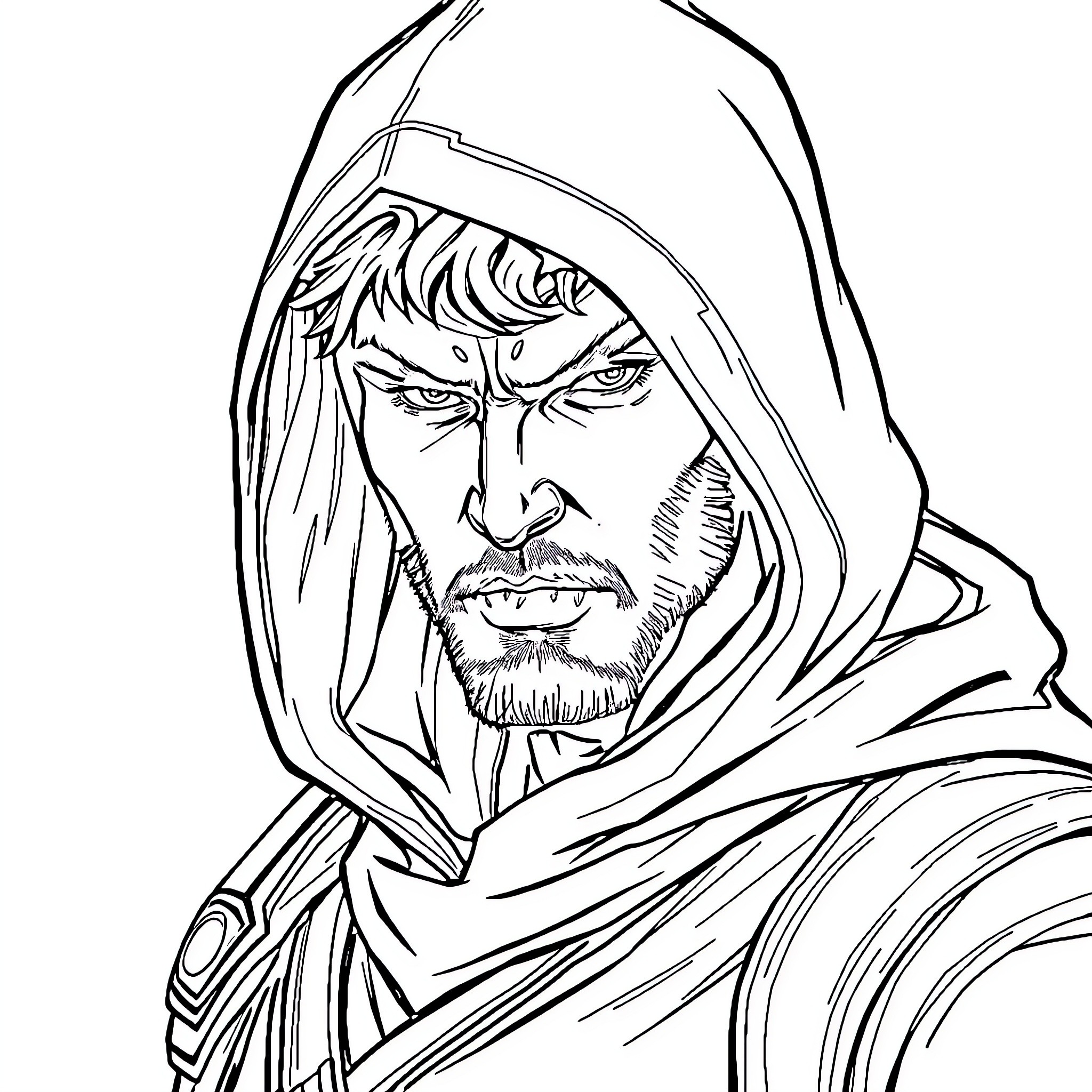 Warrior with Intense Gaze and Hooded Attire Coloring Page (free black-and-white line drawing printable PDF for all, from beginners to advanced learners, including children, teens, adults, and seniors)