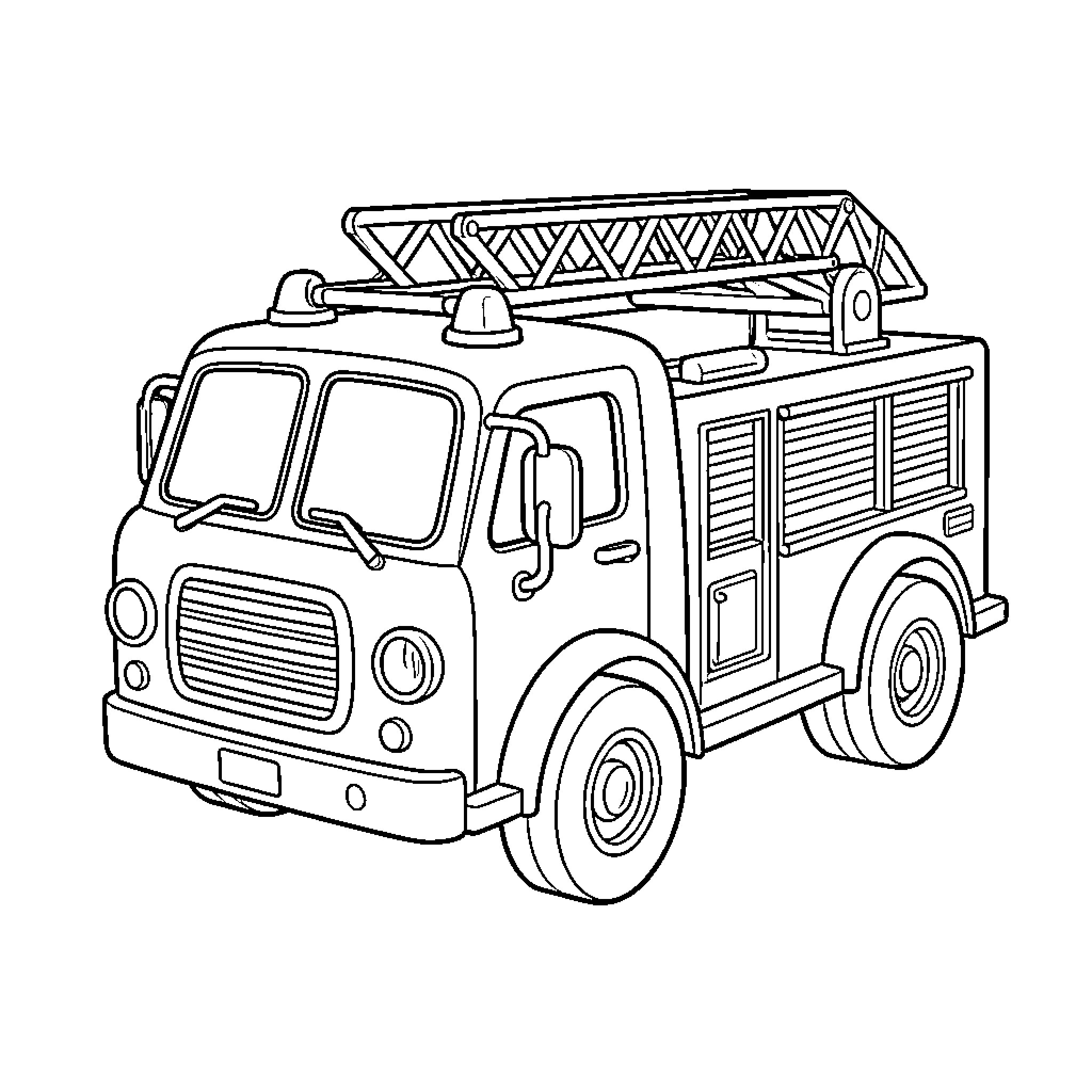 Fire Truck equipped with a long ladder on top Coloring Page (free black-and-white line drawing printable PDF for all, from beginners to advanced learners, including children, teens, adults, and seniors)