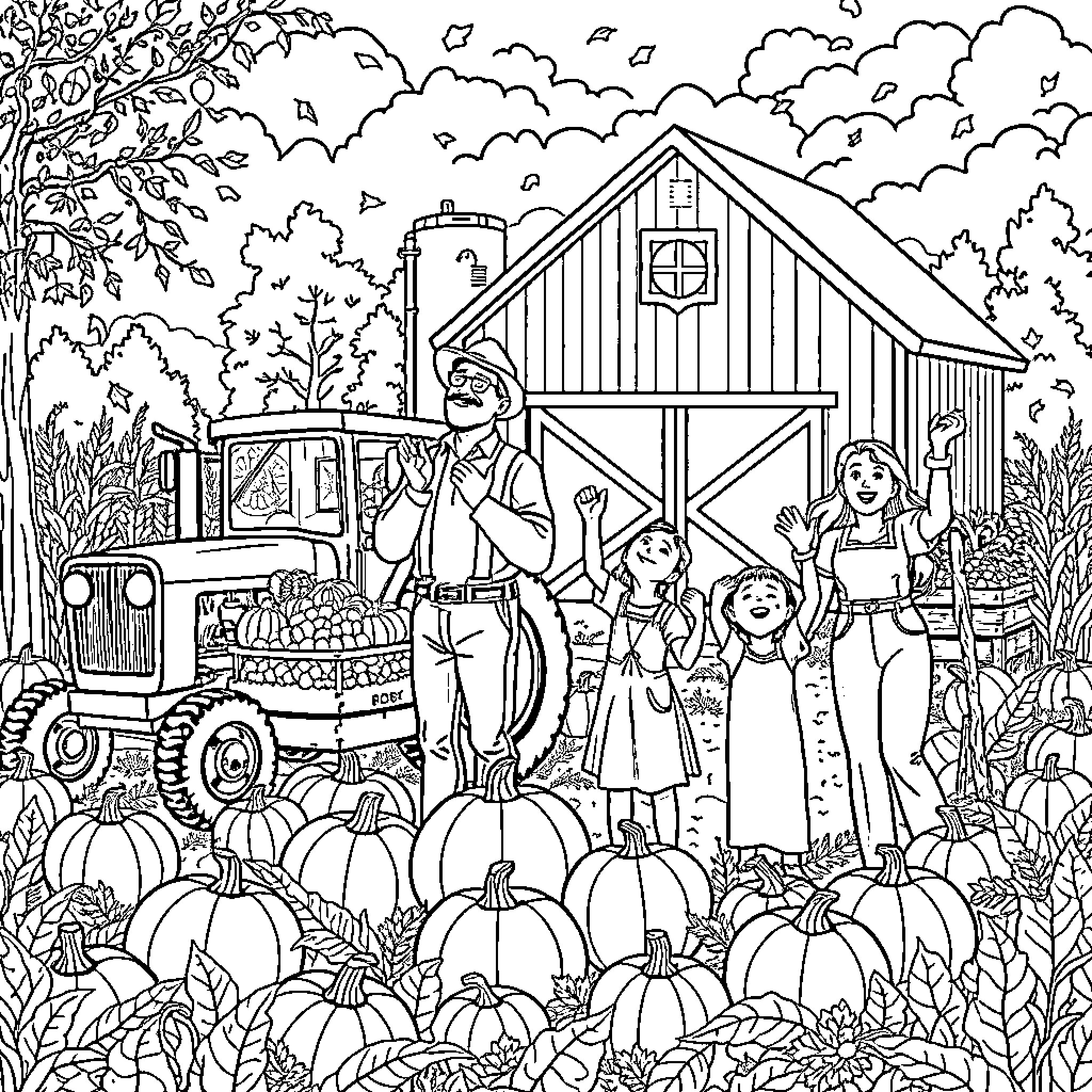 Farmer and family enjoying the autumn harvest on the farm Coloring Page (free black-and-white line drawing printable PDF for all, from beginners to advanced learners, including children, teens, adults, and seniors)