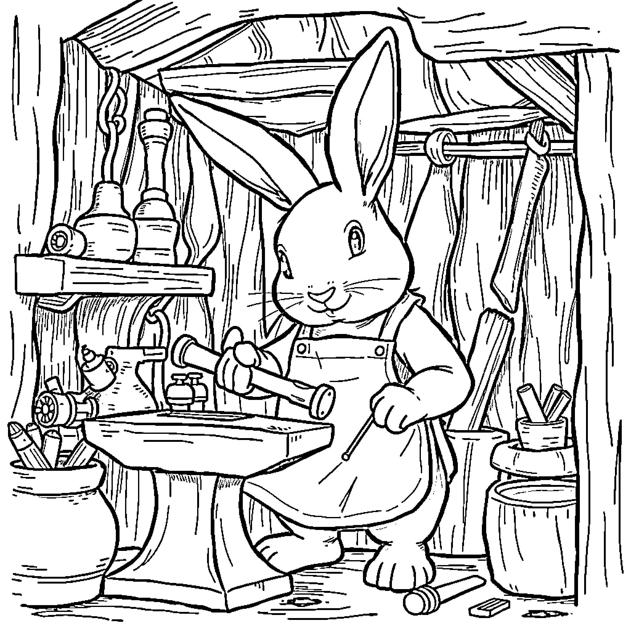 Bunny working in a workshop filled with tools and equipment Coloring Page (free black-and-white line drawing printable PDF for all, from beginners to advanced learners, including children, teens, adults, and seniors)