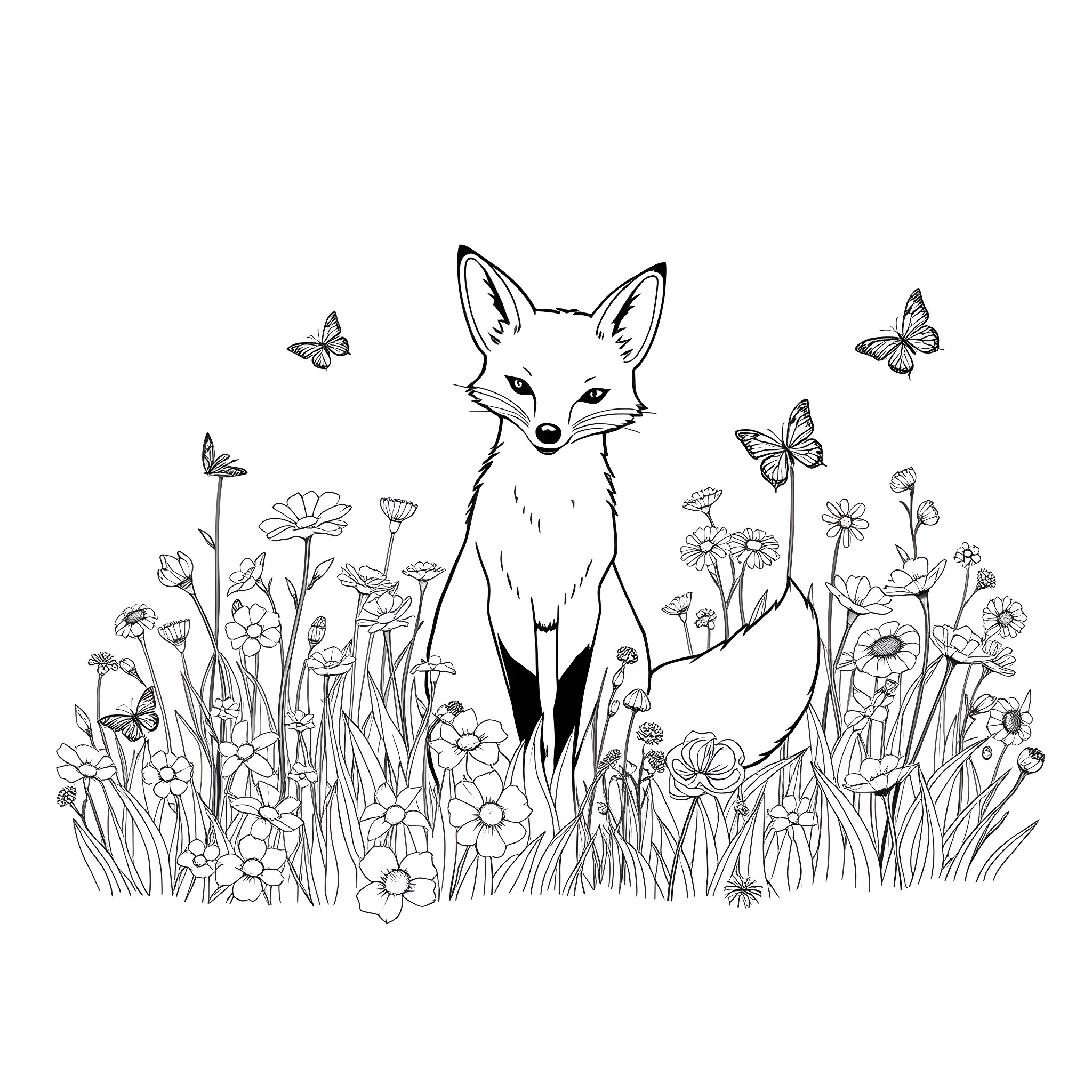 Fox exploring a meadow with butterflies Coloring Page (free black-and-white line drawing printable PDF for all, from beginners to advanced learners, including children, teens, adults, and seniors)