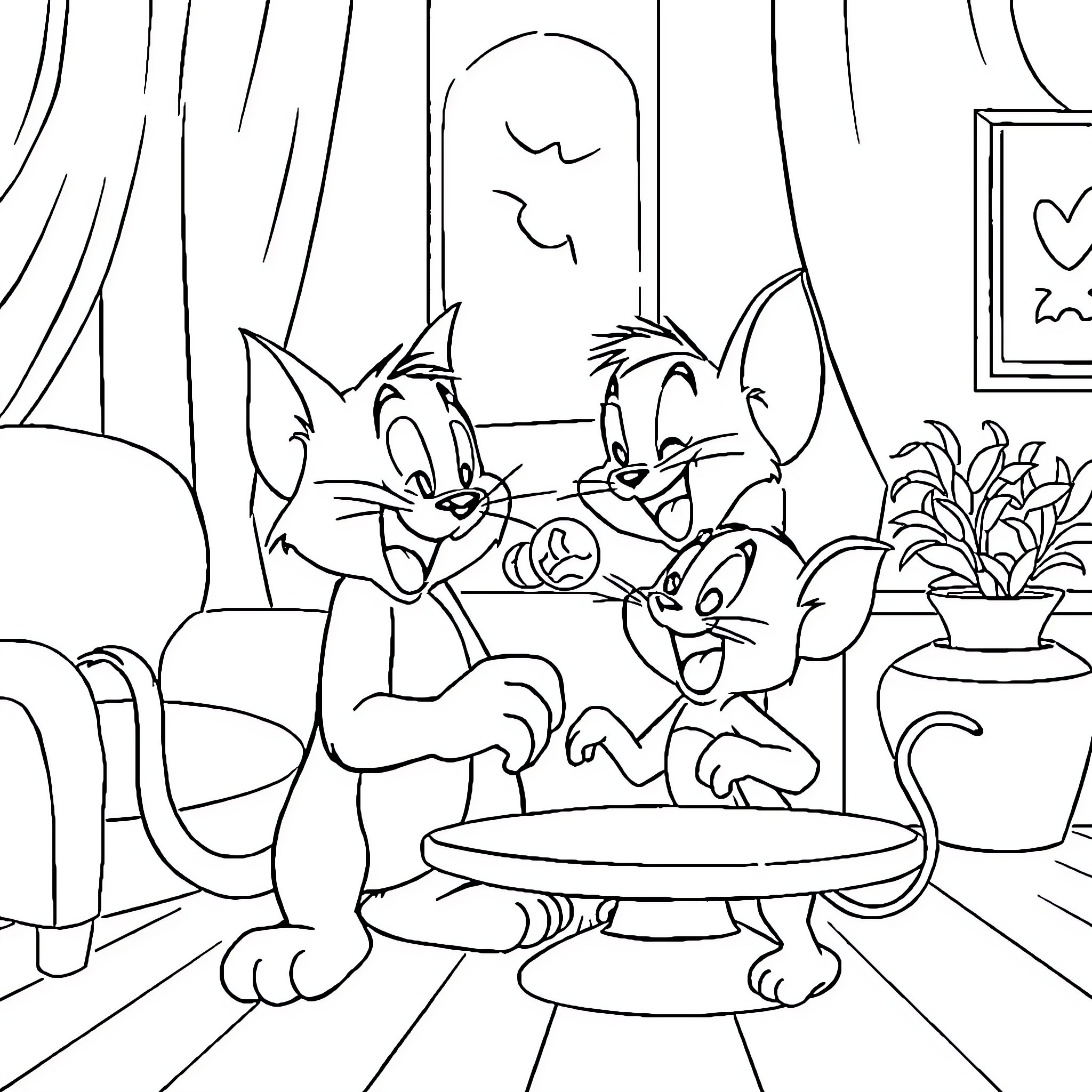 Tom and Jerry playing in the living room Coloring Page (free black-and-white line drawing printable PDF for all, from beginners to advanced learners, including children, teens, adults, and seniors)