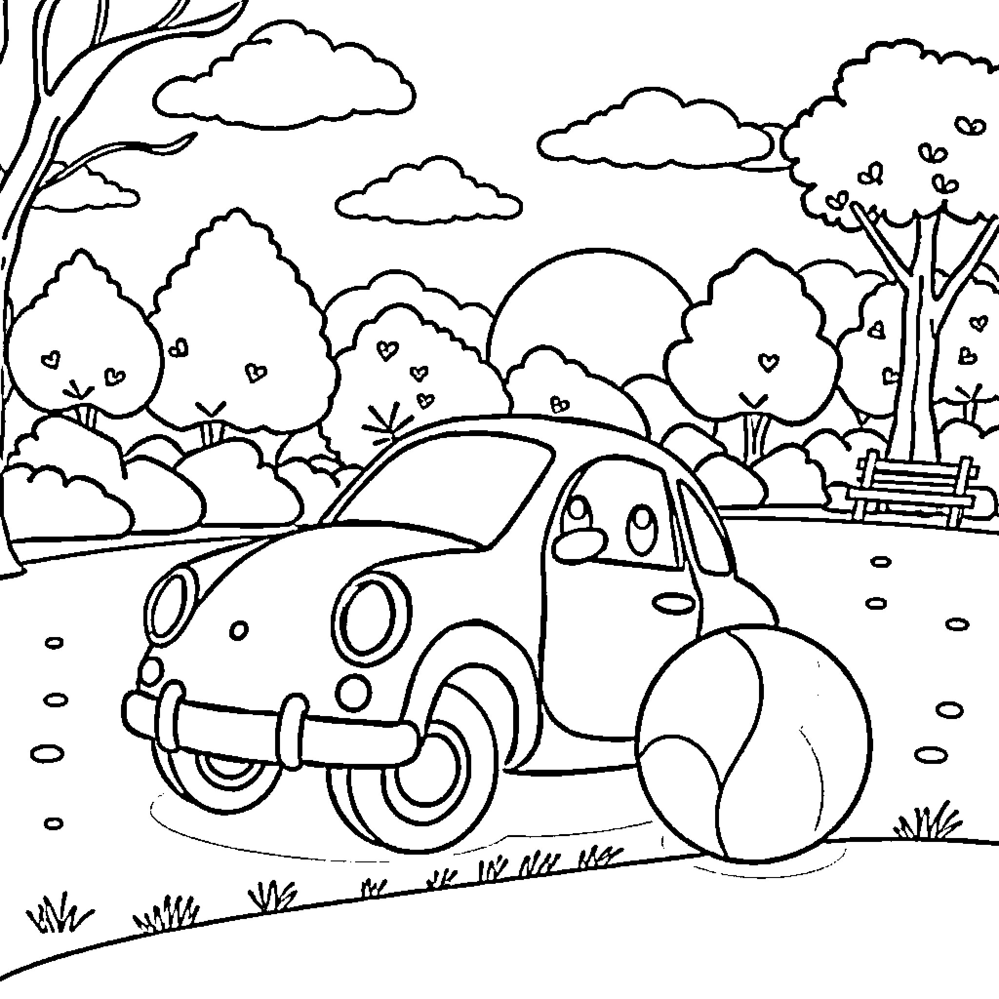 Car driving happily through the countryside Coloring Page (free black-and-white line drawing printable PDF for all, from beginners to advanced learners, including children, teens, adults, and seniors)