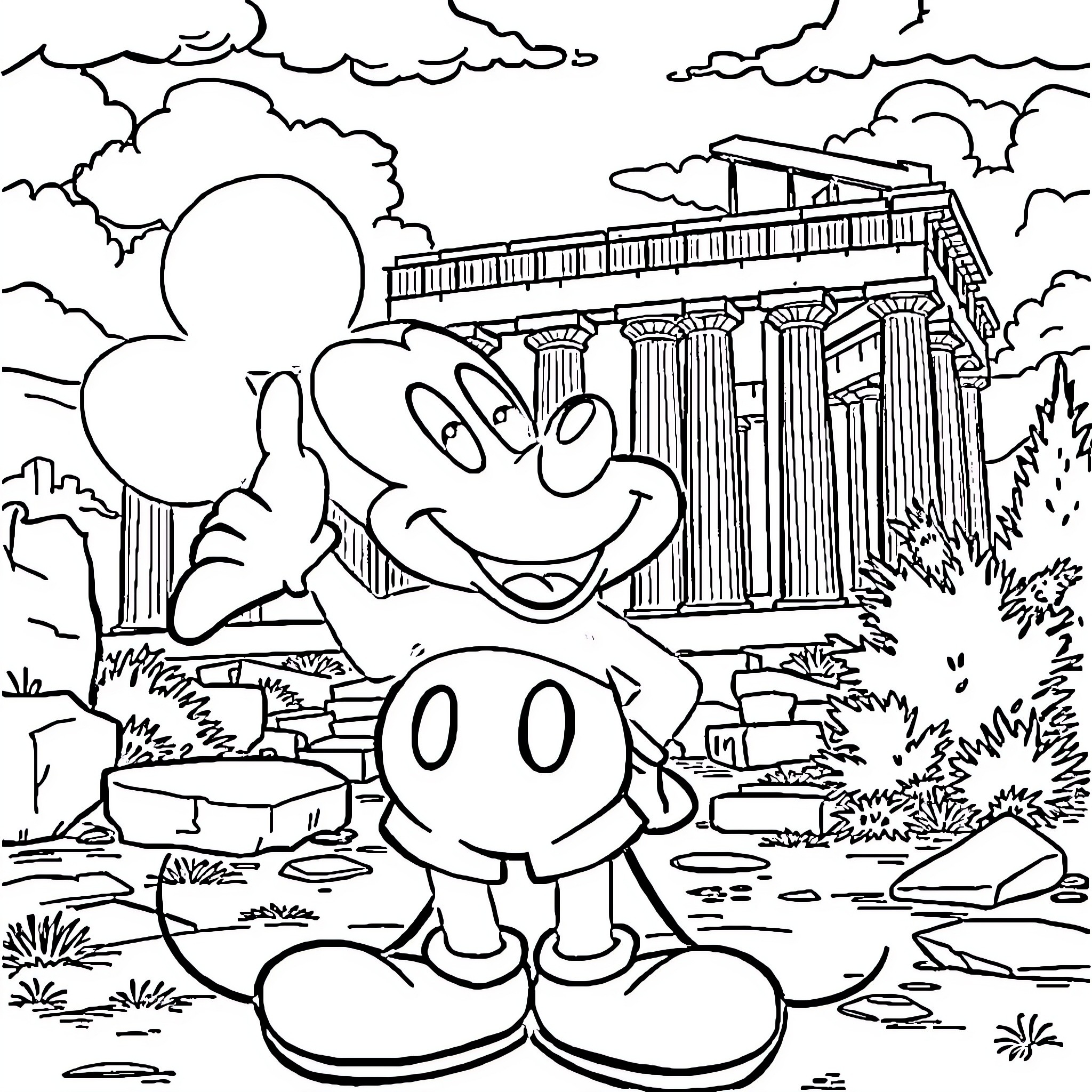 Mickey Mouse Exploring Ancient Greek Ruins Coloring Page (free black-and-white line drawing printable PDF for all, from beginners to advanced learners, including children, teens, adults, and seniors)