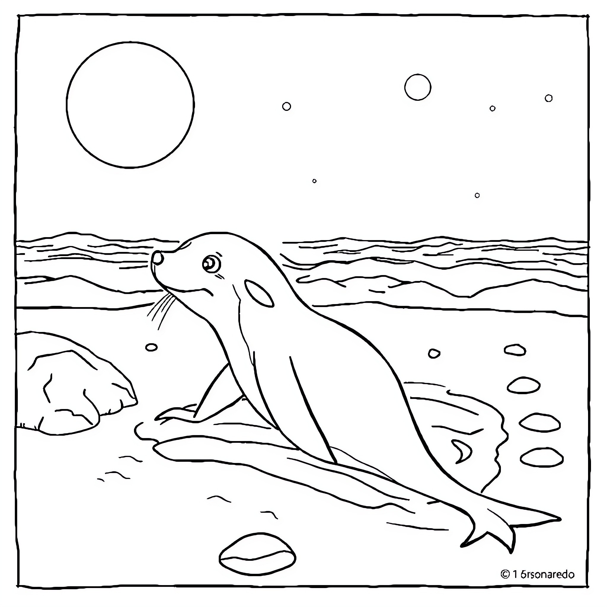 Nina's Peaceful Dolphin Encounter Coloring Page (free black-and-white line drawing printable PDF for all, from beginners to advanced learners, including children, teens, adults, and seniors)