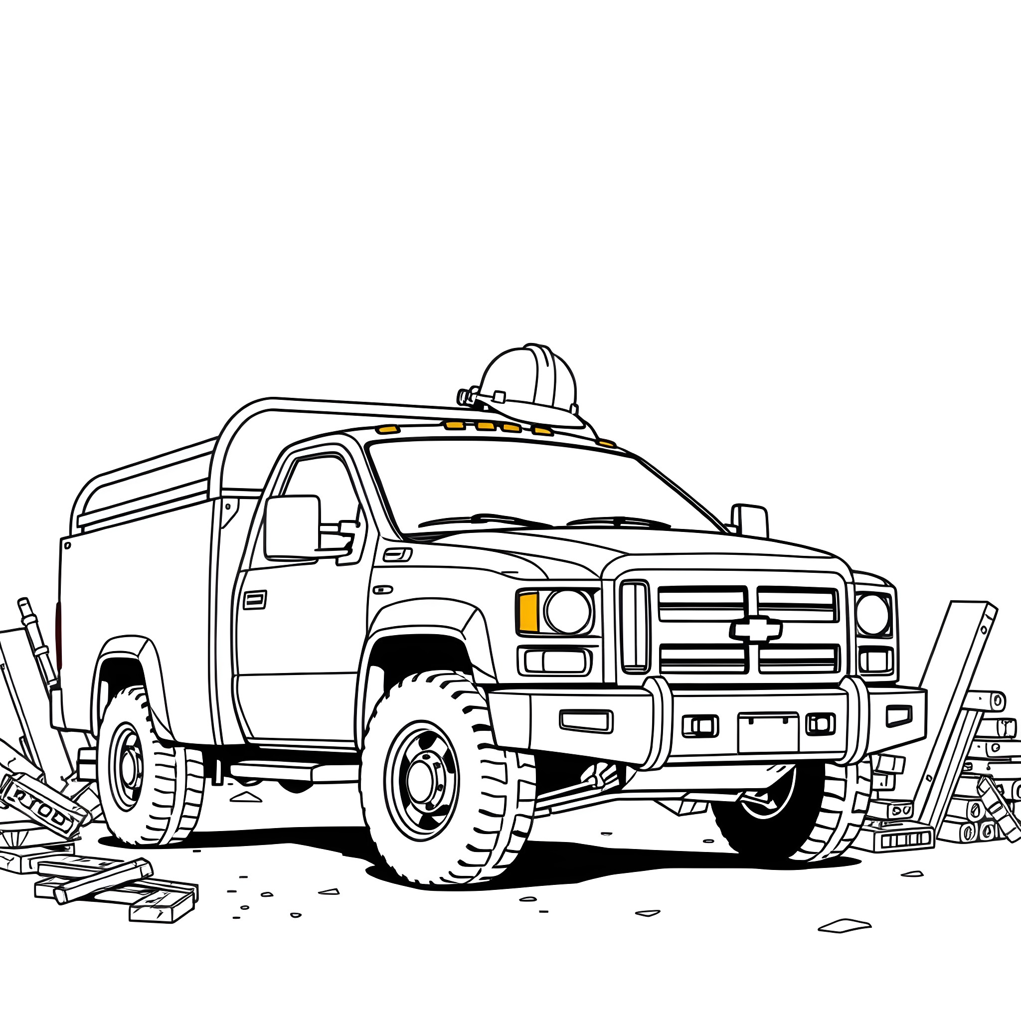 Truck repairs equipment in the field Coloring Page (free black-and-white line drawing printable PDF for all, from beginners to advanced learners, including children, teens, adults, and seniors)