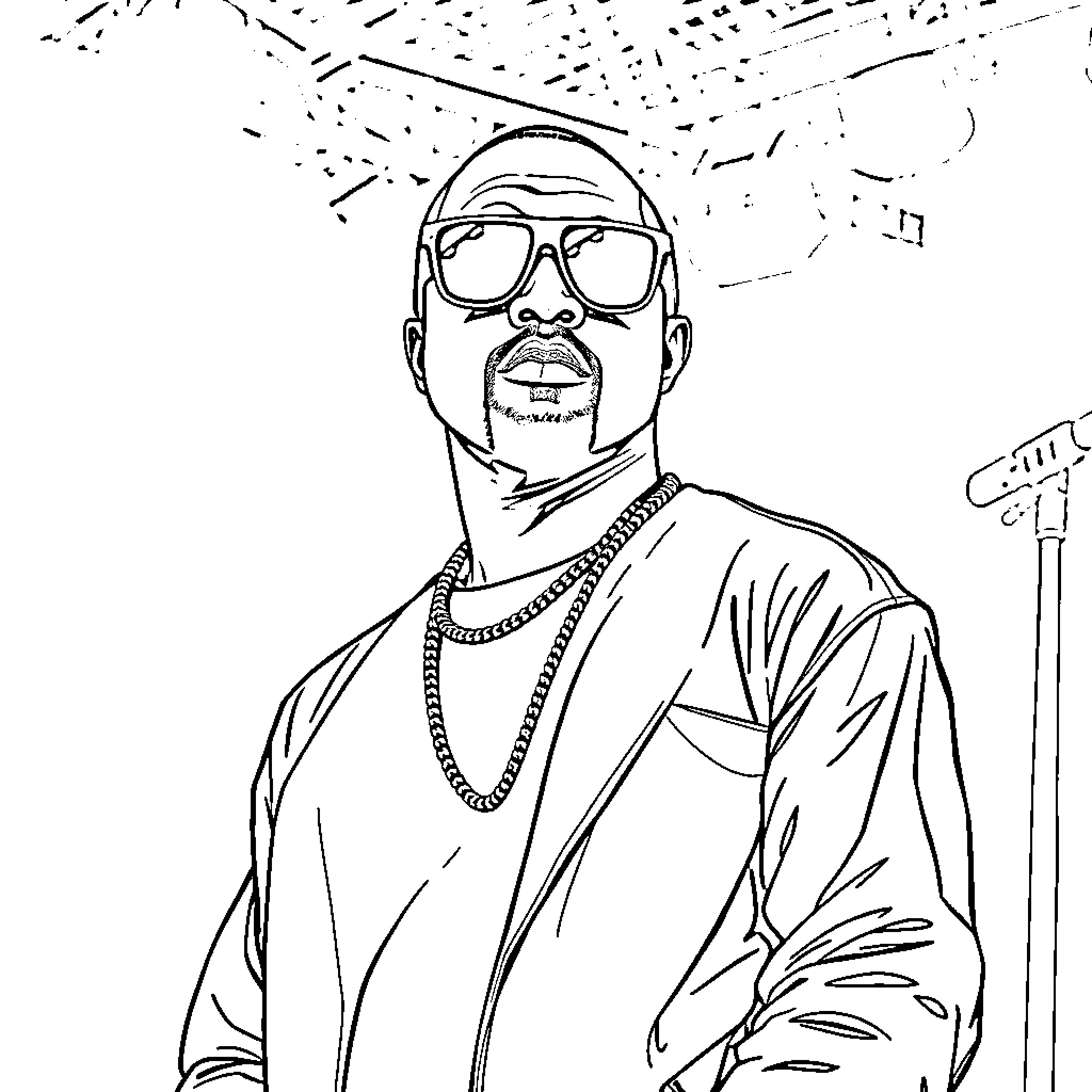 Kanye West posing with confident expression and accessories Coloring Page (free black-and-white line drawing printable PDF for all, from beginners to advanced learners, including children, teens, adults, and seniors)