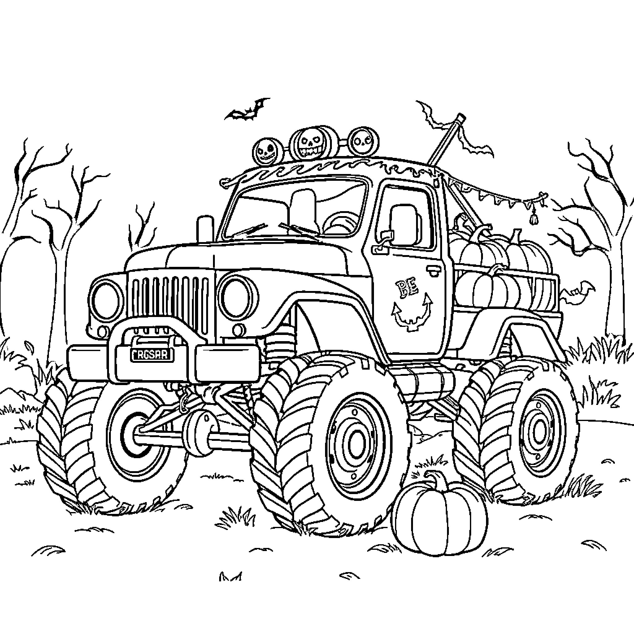 Monster Truck in Spooky Halloween Scene Coloring Page (free black-and-white line drawing printable PDF for all, from beginners to advanced learners, including children, teens, adults, and seniors)