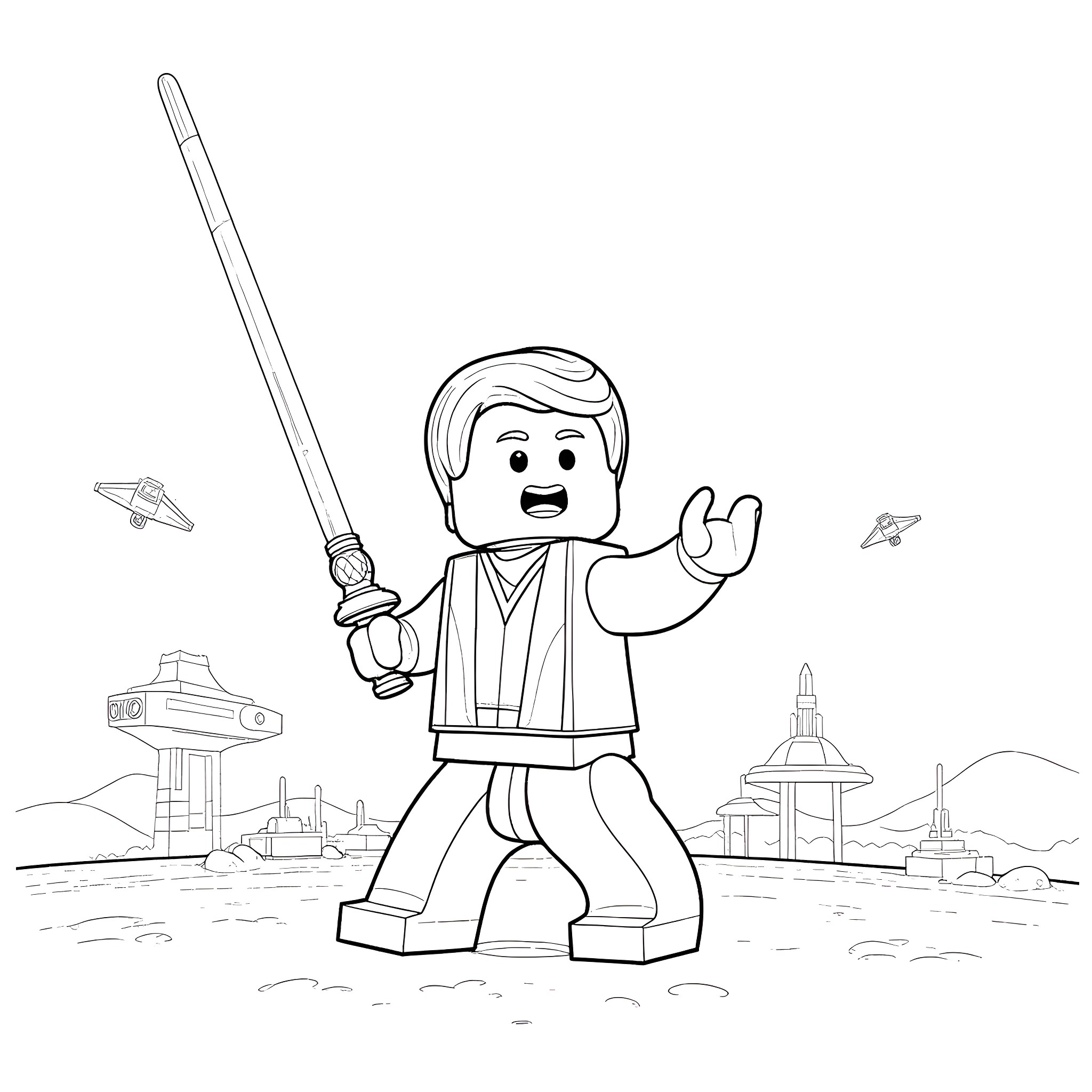 Minecraft Character in Action Pose with Lightsaber Coloring Page (free black-and-white line drawing printable PDF for all, from beginners to advanced learners, including children, teens, adults, and seniors)