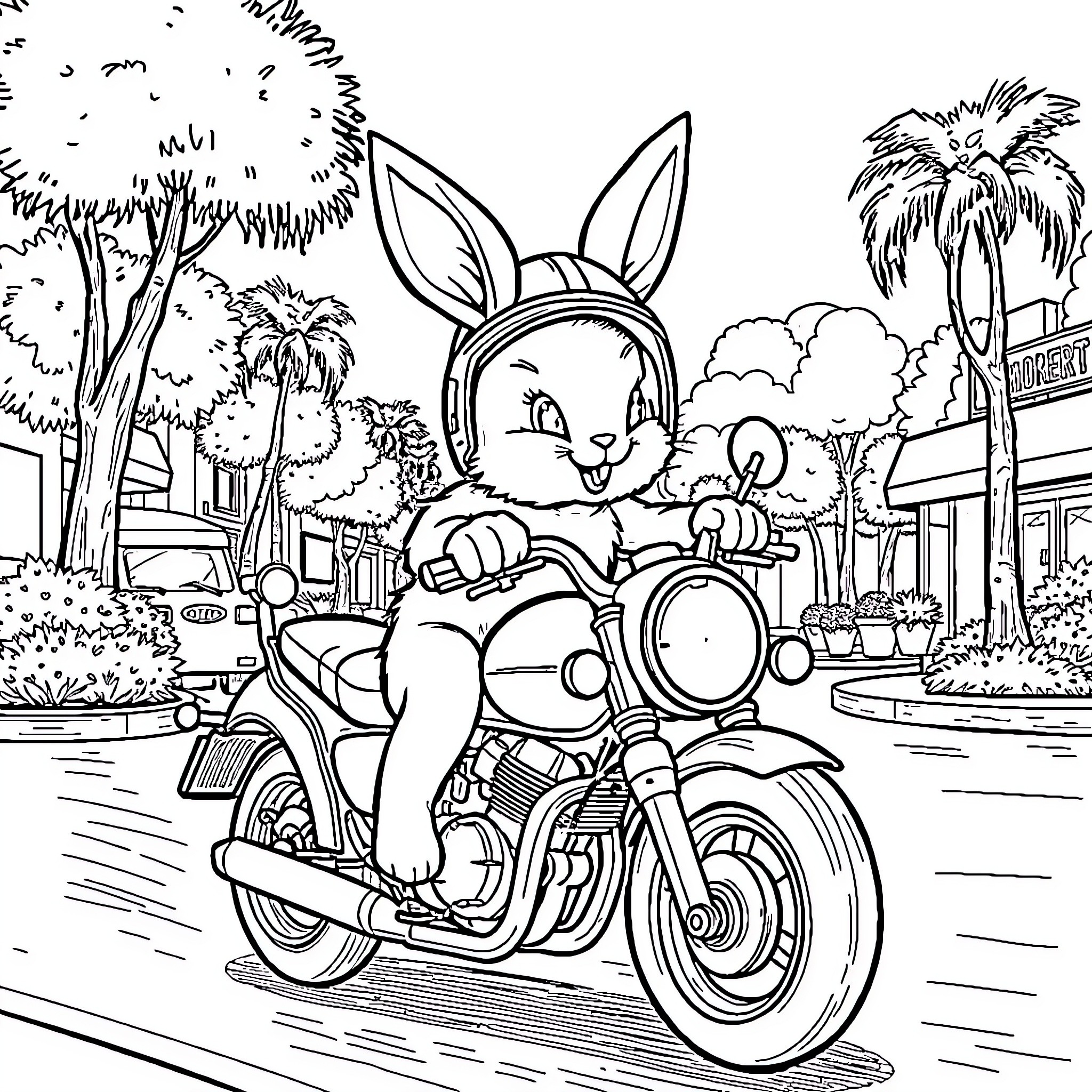 Bunny riding motorcycle in vibrant town Coloring Page (free black-and-white line drawing printable PDF for all, from beginners to advanced learners, including children, teens, adults, and seniors)