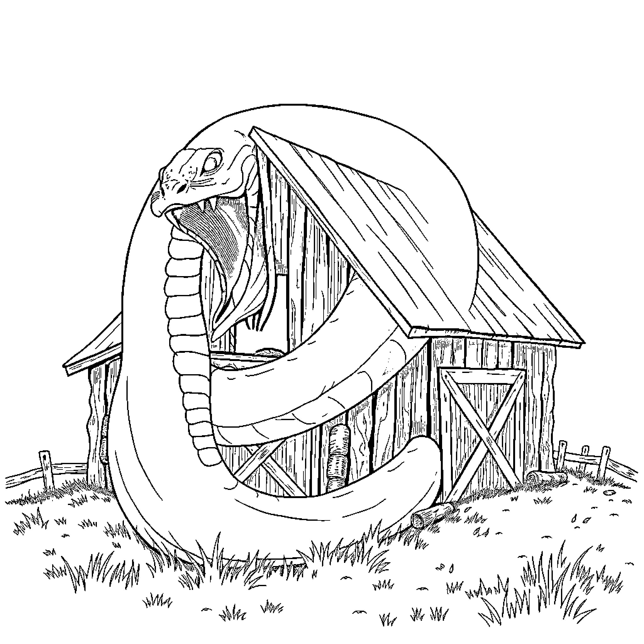 Snake emerging menacingly from weathered barn Coloring Page (free black-and-white line drawing printable PDF for all, from beginners to advanced learners, including children, teens, adults, and seniors)