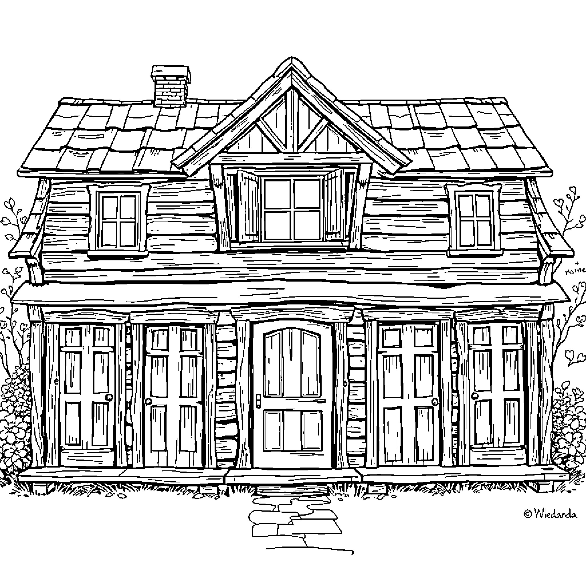 House with rustic wooden exterior and multiple entrances Coloring Page (free black-and-white line drawing printable PDF for all, from beginners to advanced learners, including children, teens, adults, and seniors)