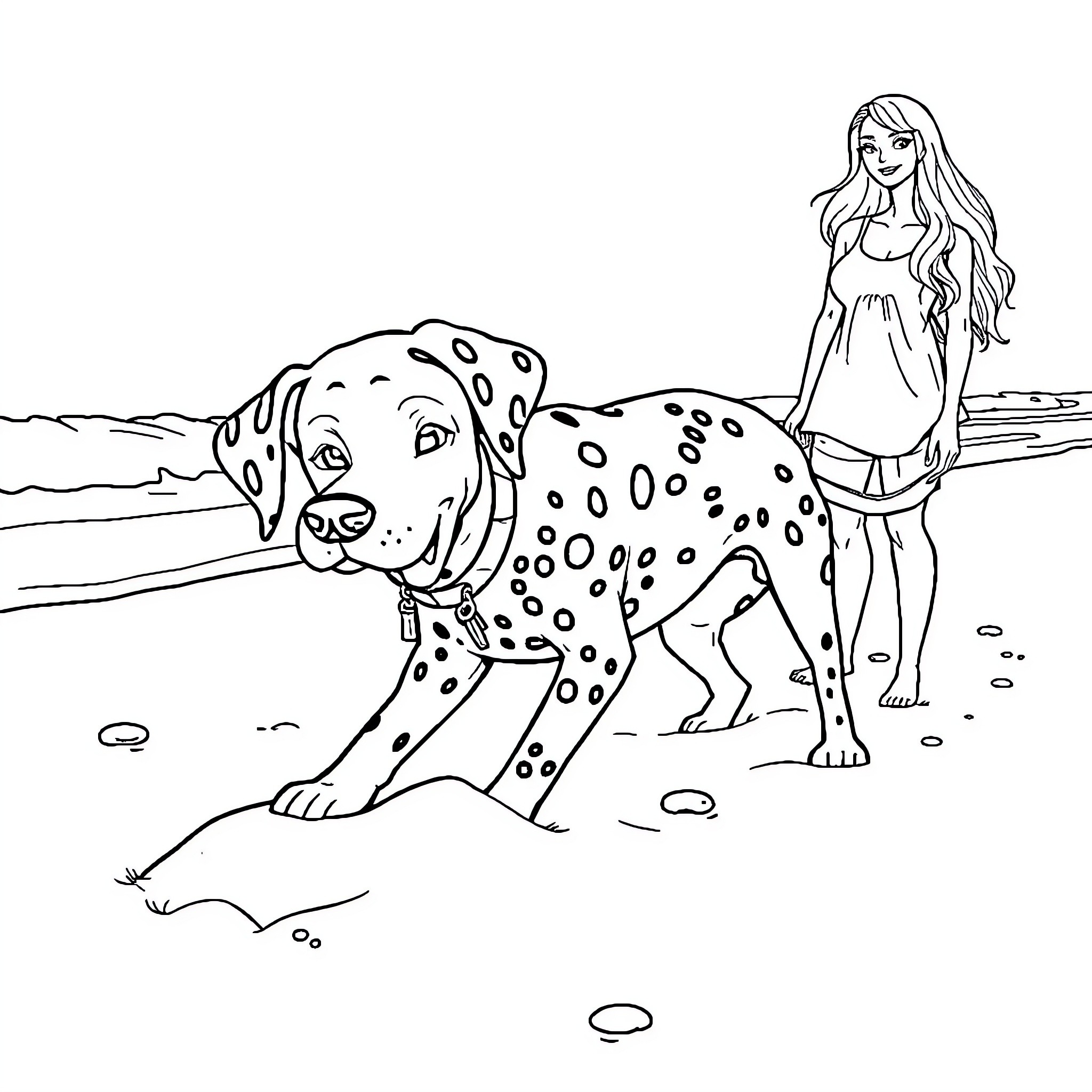 Dalmatian and woman on the beach Coloring Page (free black-and-white line drawing printable PDF for all, from beginners to advanced learners, including children, teens, adults, and seniors)