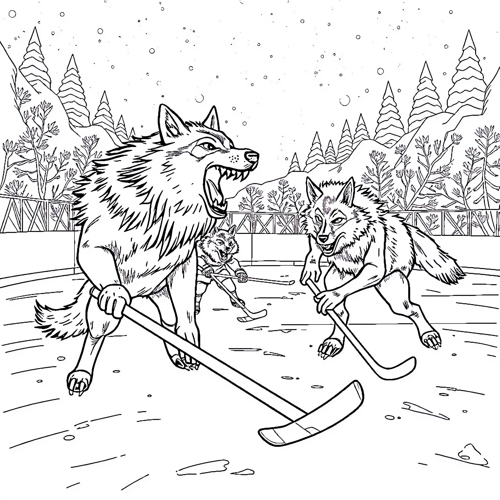 Werewolf hockey players in a snowy forest Coloring Page (free black-and-white line drawing printable PDF for all, from beginners to advanced learners, including children, teens, adults, and seniors)