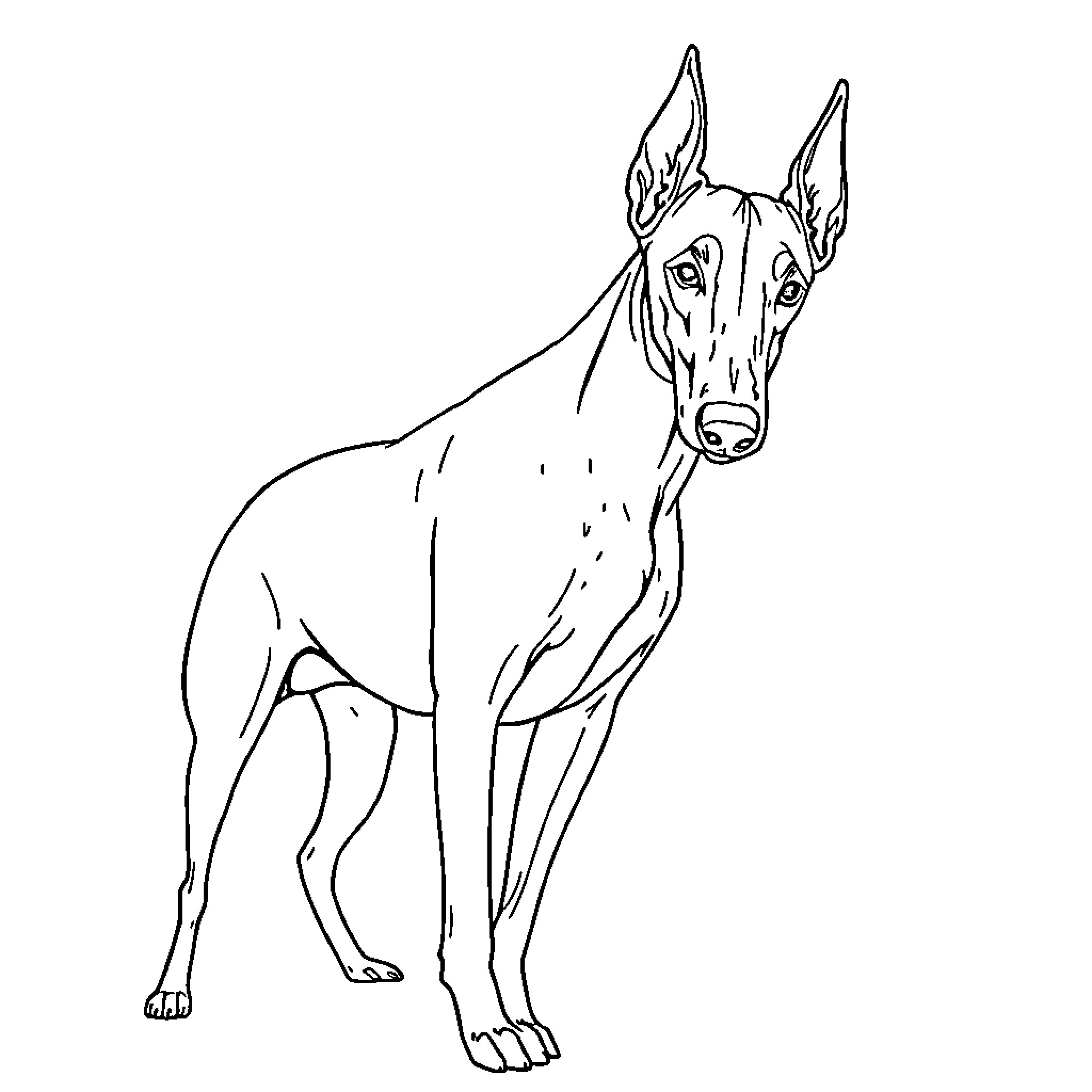 Doberman standing alert and attentive Coloring Page (free black-and-white line drawing printable PDF for all, from beginners to advanced learners, including children, teens, adults, and seniors)
