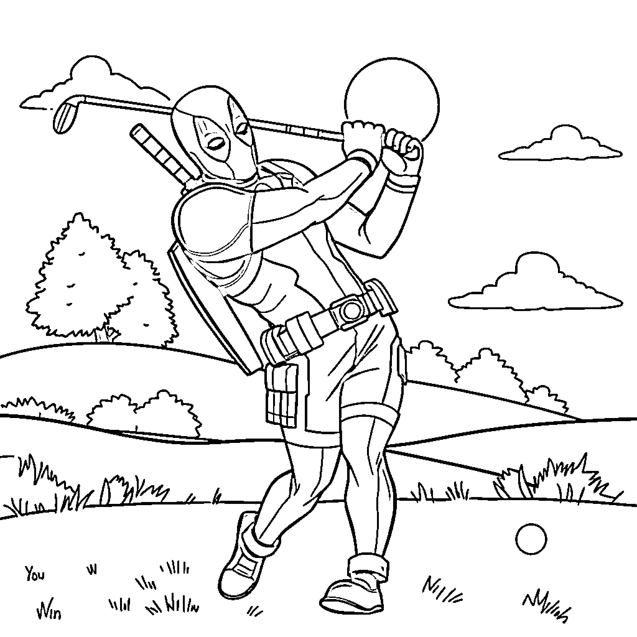 Deadpool playing with weapons in the countryside Coloring Page (free black-and-white line drawing printable PDF for all, from beginners to advanced learners, including children, teens, adults, and seniors)