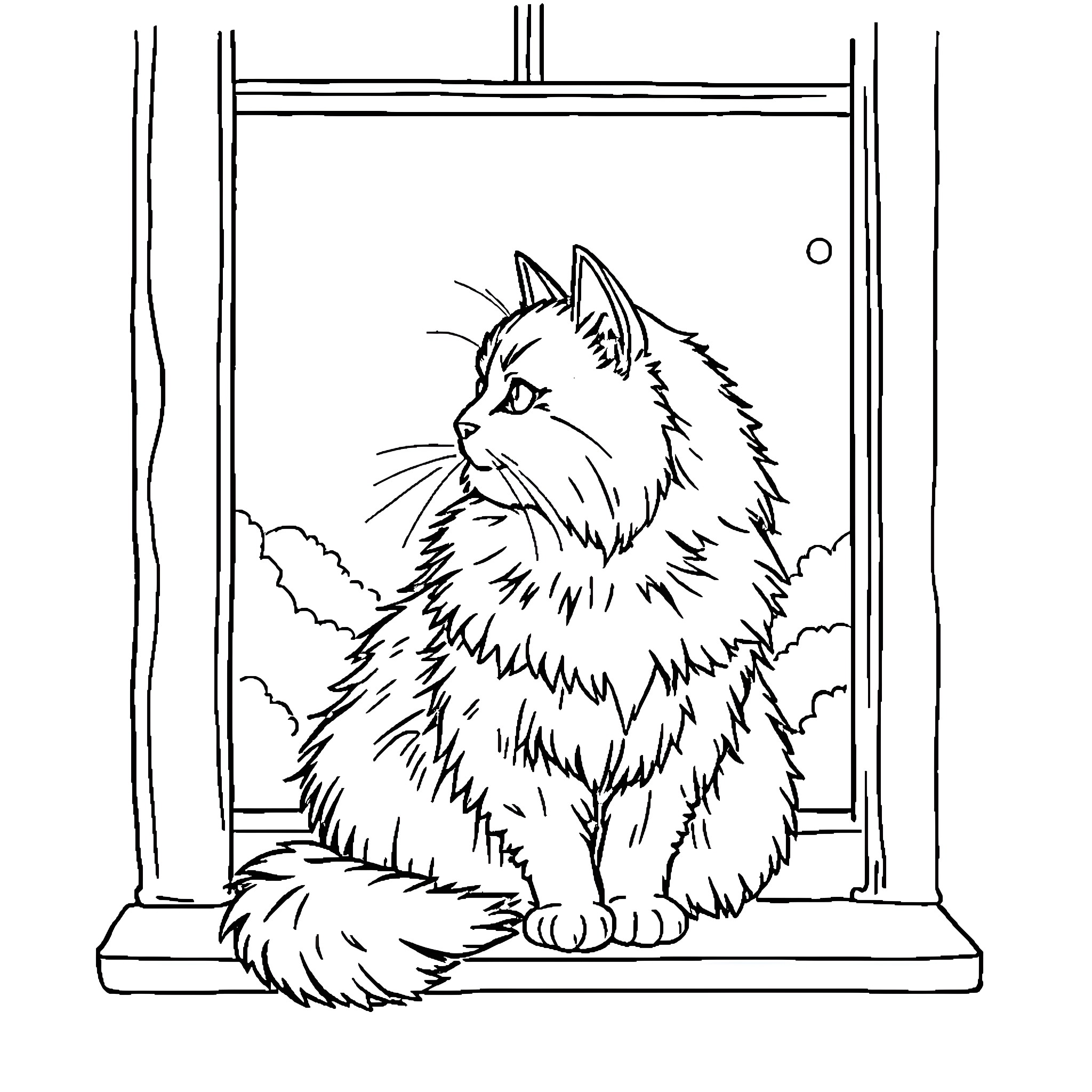 Cat looking out the window Coloring Page (free black-and-white line drawing printable PDF for all, from beginners to advanced learners, including children, teens, adults, and seniors)