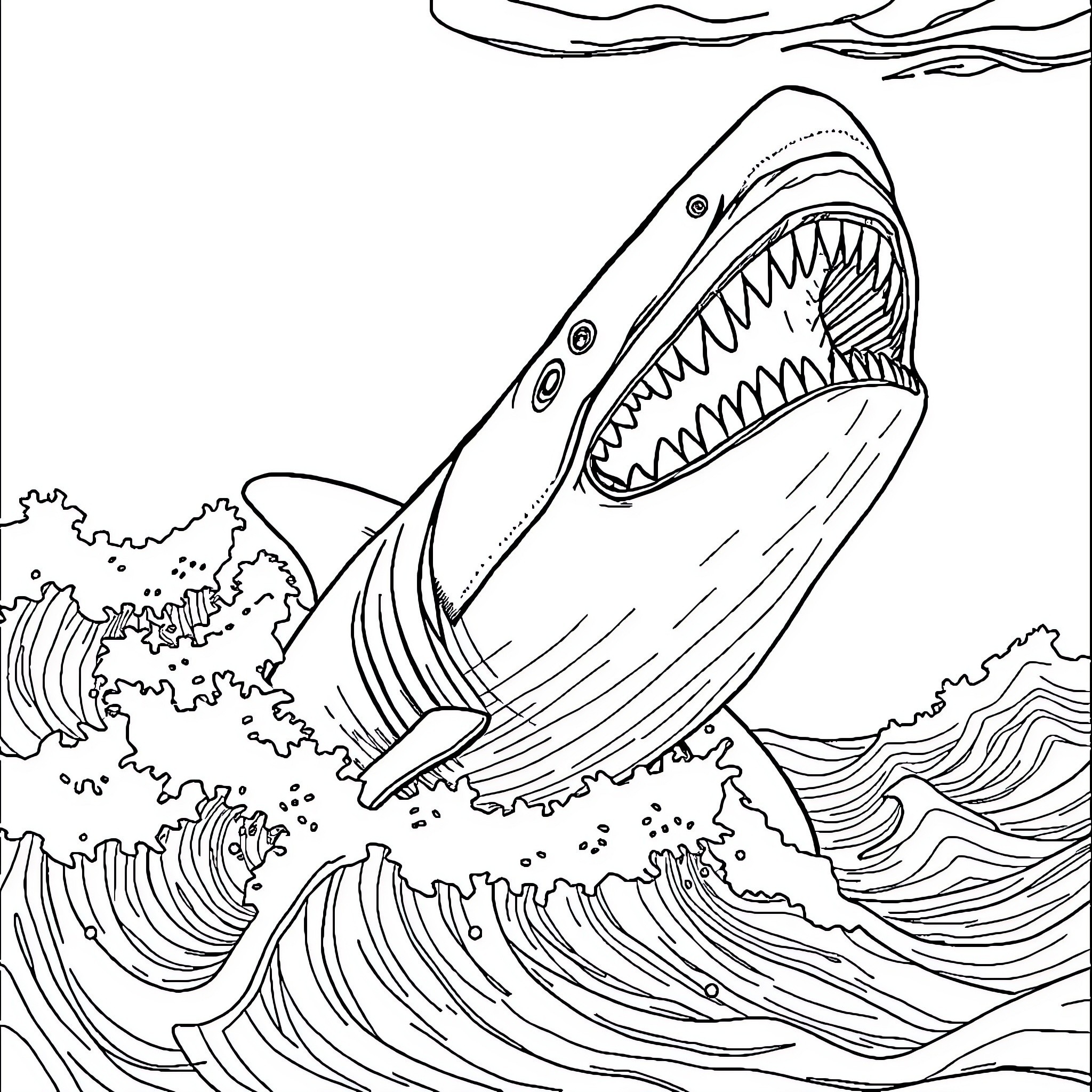 Megalodon Devouring Its Prey in Stormy Waves Coloring Page (free black-and-white line drawing printable PDF for all, from beginners to advanced learners, including children, teens, adults, and seniors)
