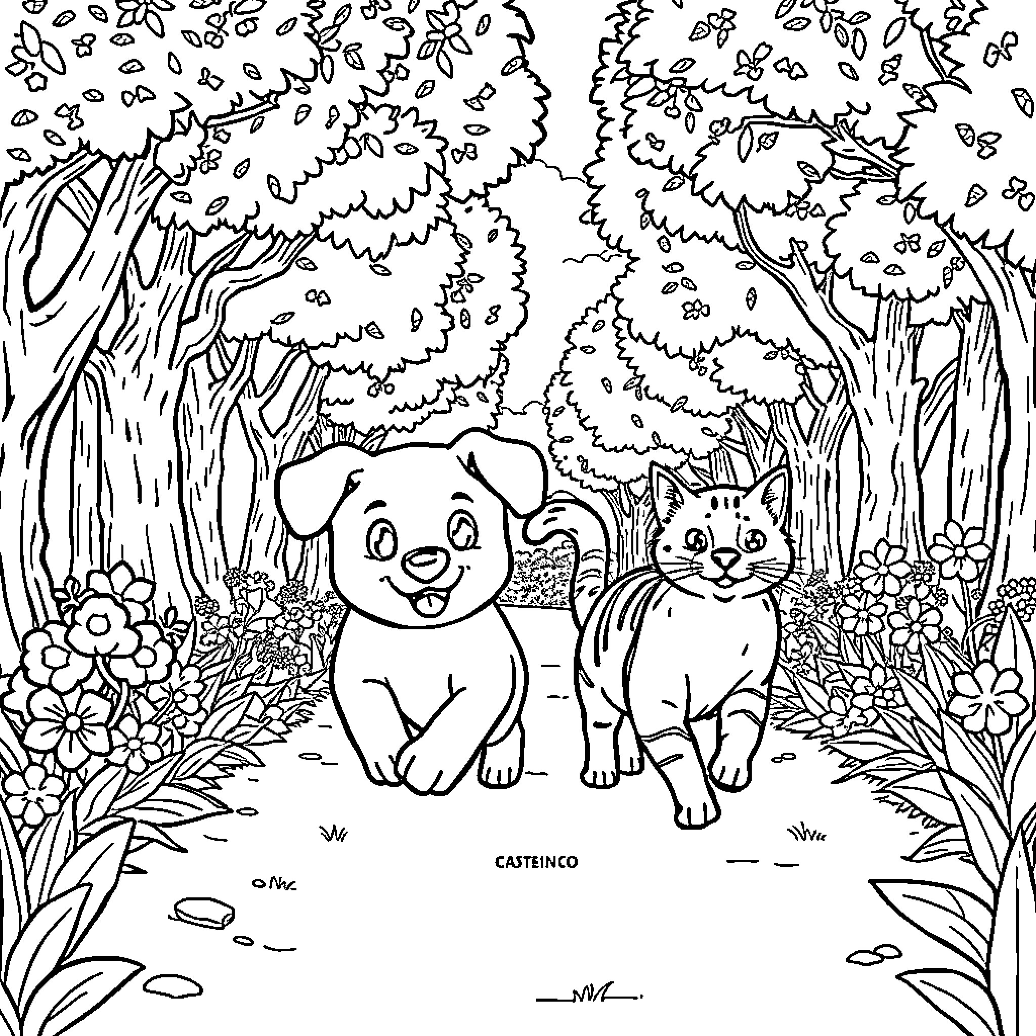 Perro y gato juntos en el bosque Coloring Page (free black-and-white line drawing printable PDF for all, from beginners to advanced learners, including children, teens, adults, and seniors)