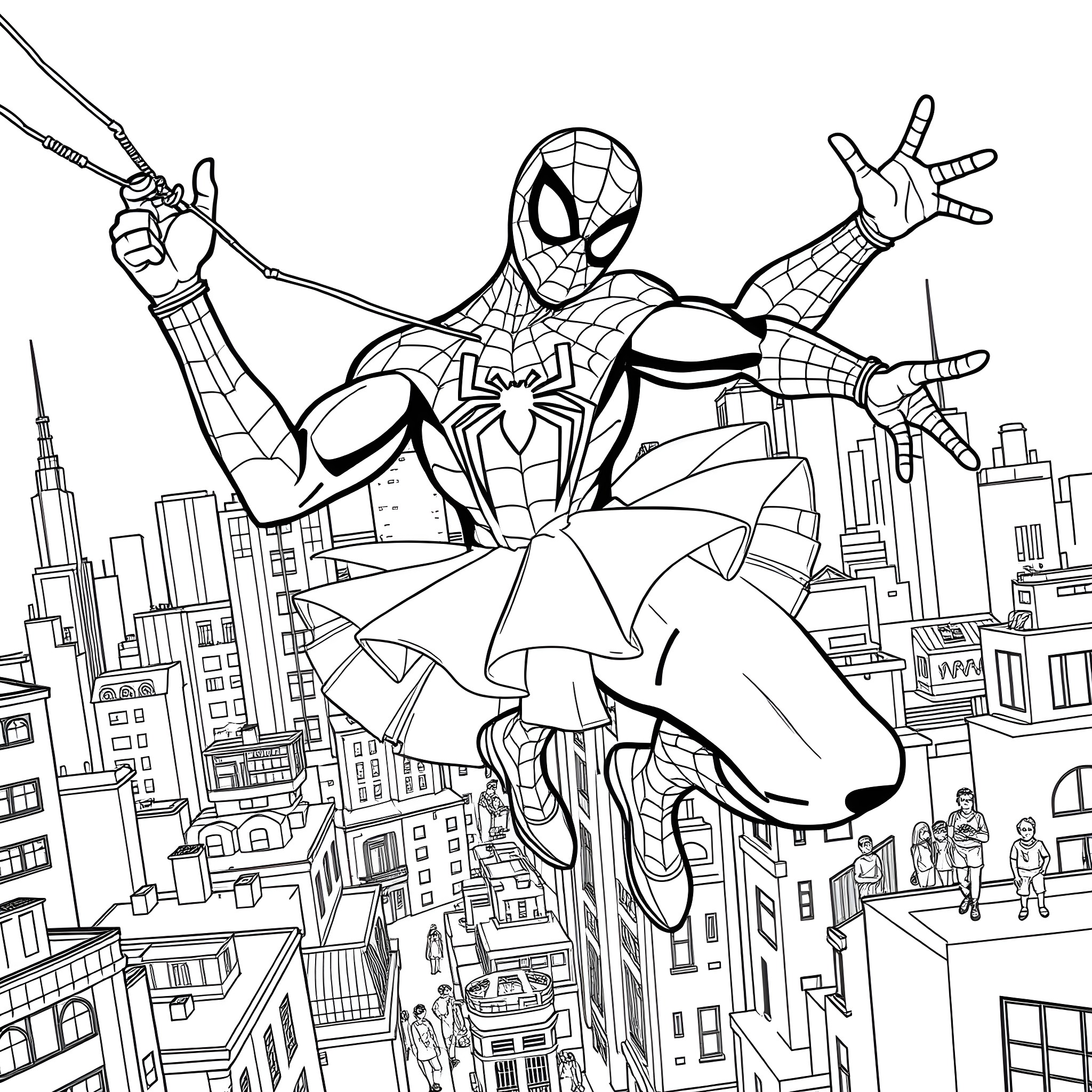 Spider-Man Swinging Through the City in Action Coloring Page (free black-and-white line drawing printable PDF for all, from beginners to advanced learners, including children, teens, adults, and seniors)