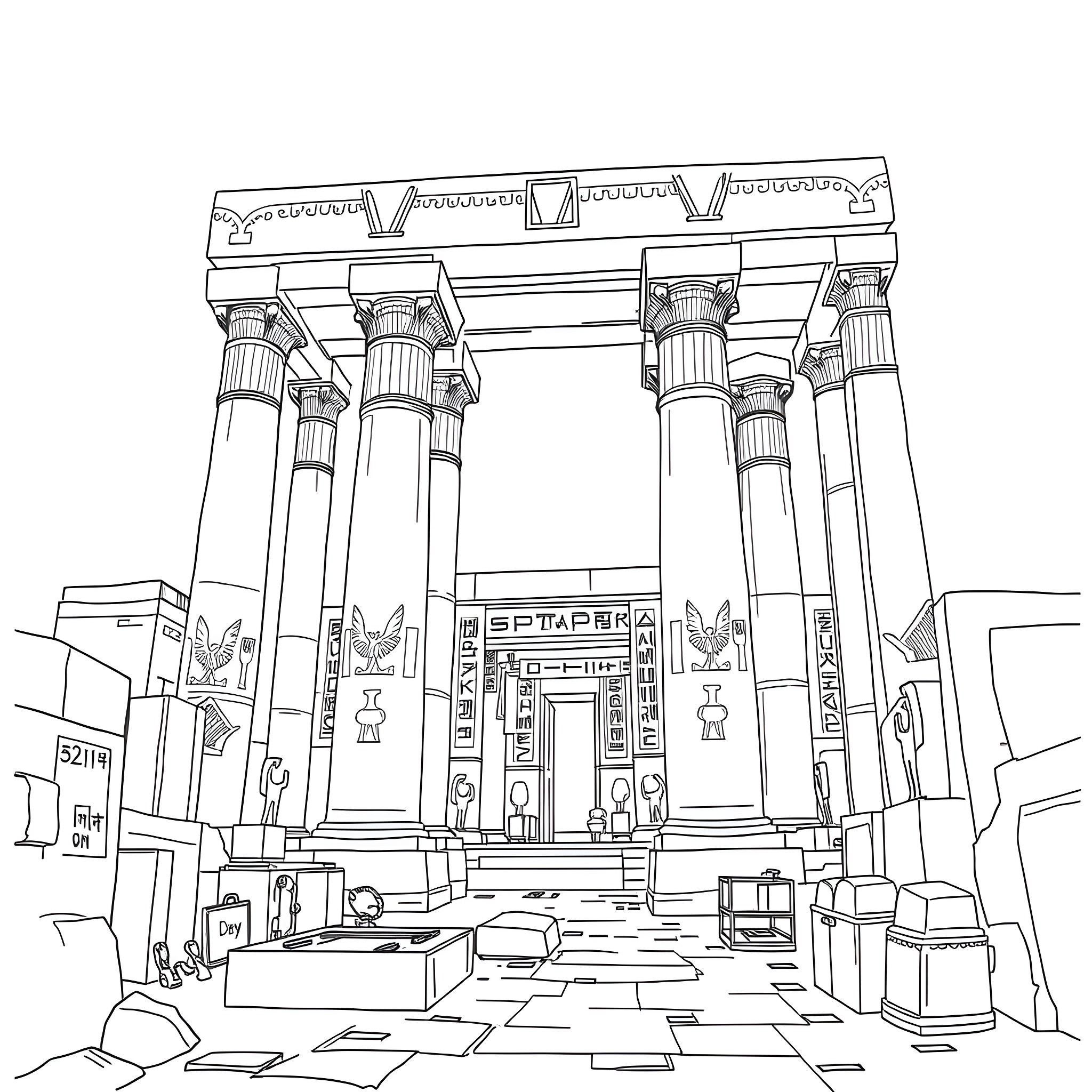 Life in an Ancient Egyptian Temple Coloring Page (free black-and-white line drawing printable PDF for all, from beginners to advanced learners, including children, teens, adults, and seniors)