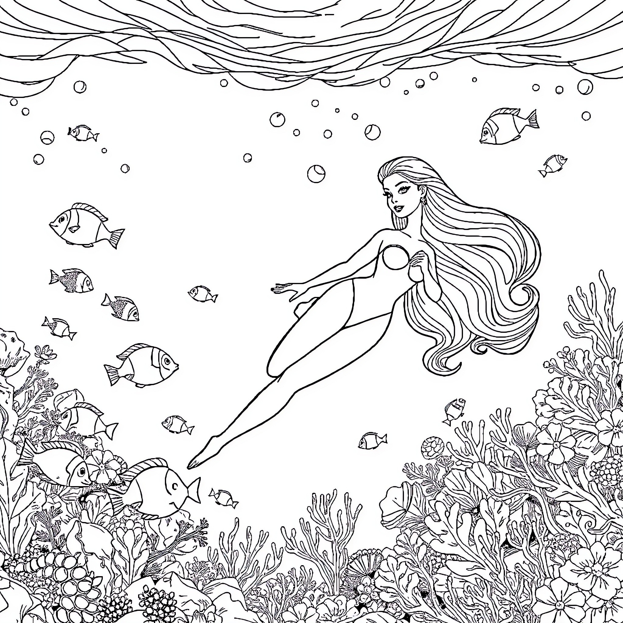 Barbie swimming gracefully in the underwater coral reef Coloring Page (free black-and-white line drawing printable PDF for all, from beginners to advanced learners, including children, teens, adults, and seniors)