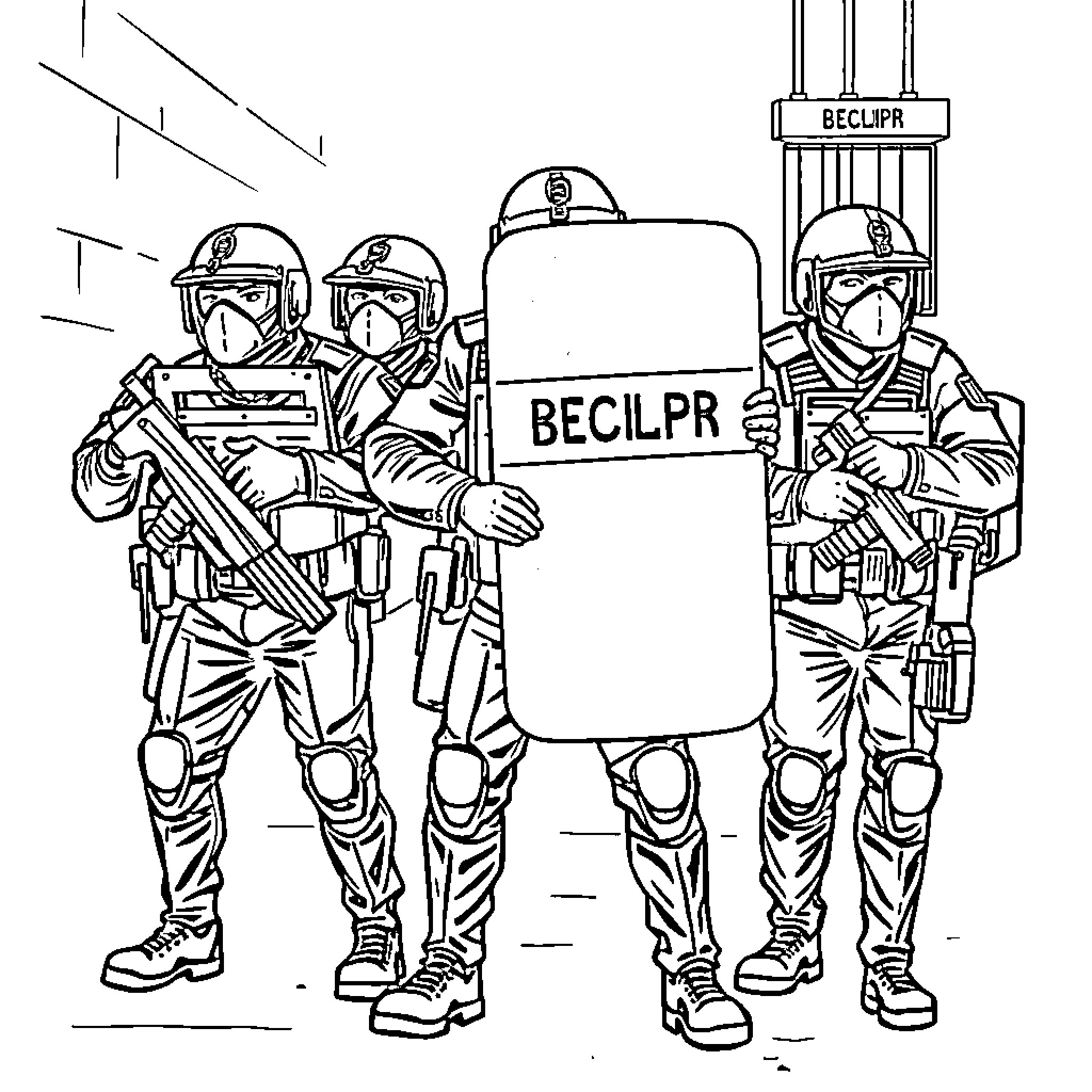 Guard Riot Police with Shields and Batons Coloring Page (free black-and-white line drawing printable PDF for all, from beginners to advanced learners, including children, teens, adults, and seniors)