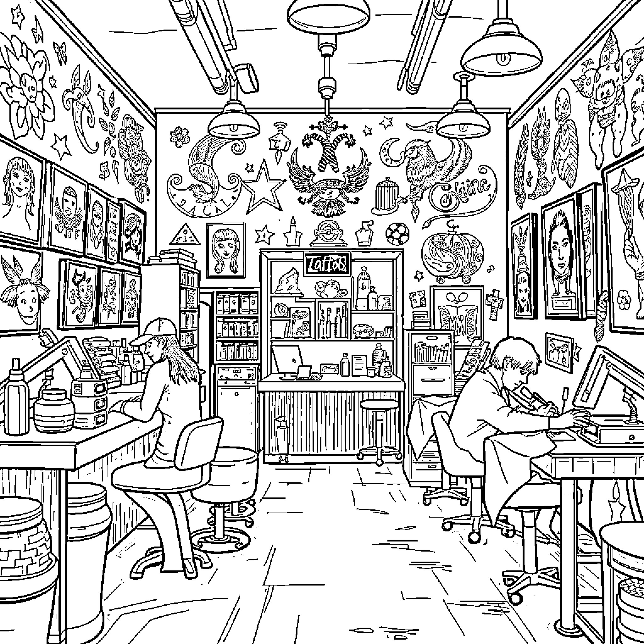 Tattoo Shop with Intricate Artwork and Busy Atmosphere Coloring Page (free black-and-white line drawing printable PDF for all, from beginners to advanced learners, including children, teens, adults, and seniors)