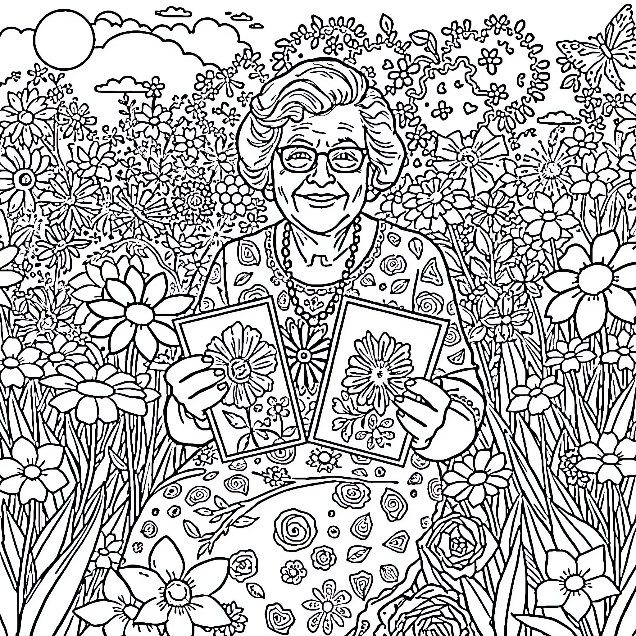 Grandma surrounded by vibrant flowers and nature Coloring Page (free black-and-white line drawing printable PDF for all, from beginners to advanced learners, including children, teens, adults, and seniors)
