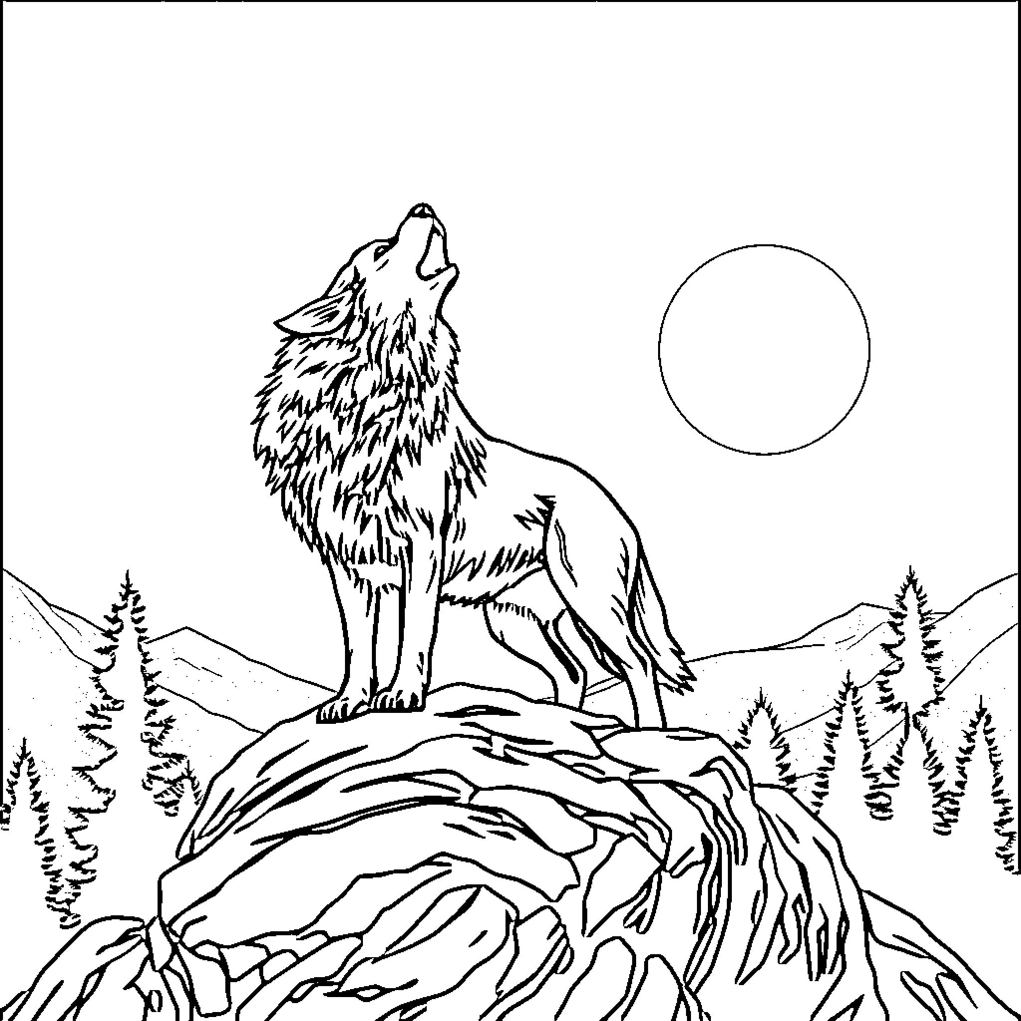 Wolf howling at the moon in the wild Coloring Page (free black-and-white line drawing printable PDF for all, from beginners to advanced learners, including children, teens, adults, and seniors)