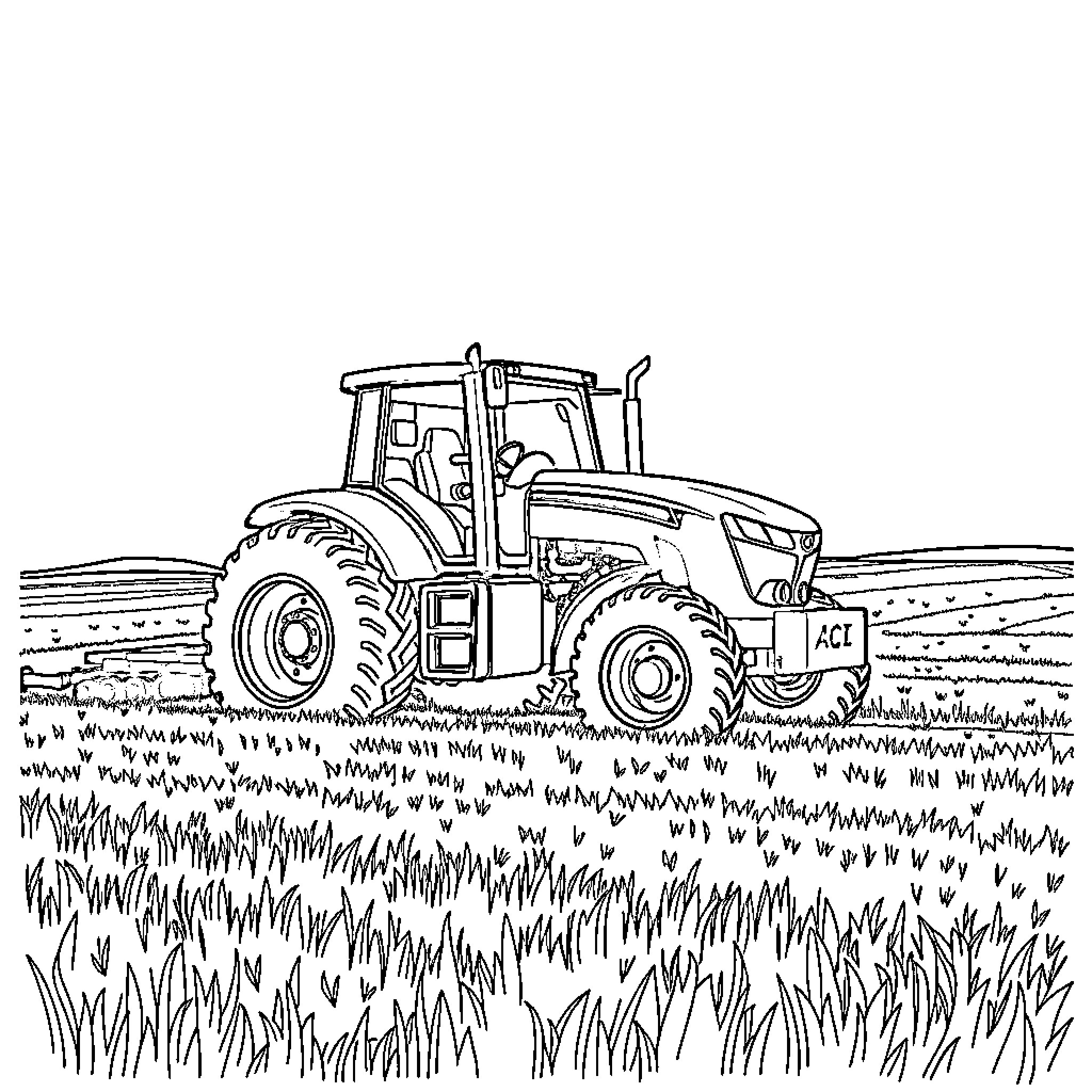 Tractor plowing through the field Coloring Page (free black-and-white line drawing printable PDF for all, from beginners to advanced learners, including children, teens, adults, and seniors)