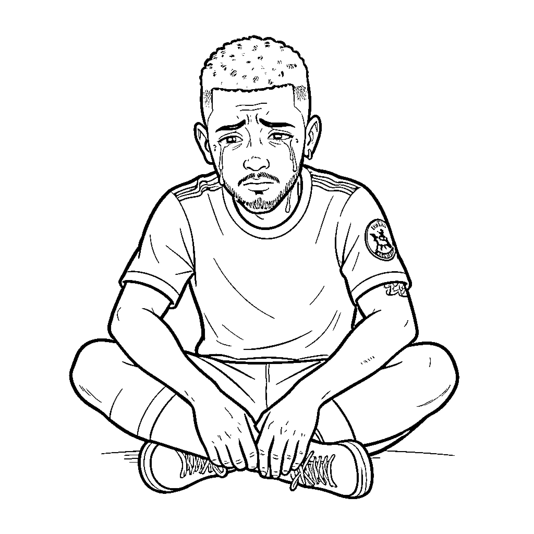 Neymar sitting cross-legged with a sad expression Coloring Page (free black-and-white line drawing printable PDF for all, from beginners to advanced learners, including children, teens, adults, and seniors)