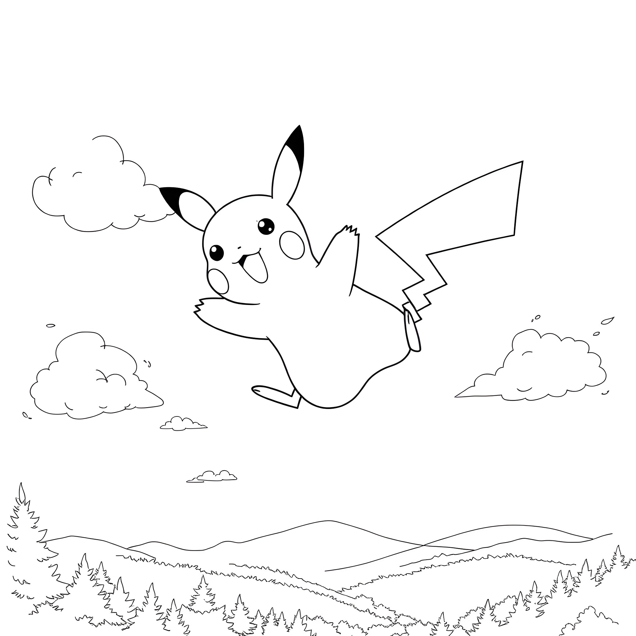 Pikachu flying happily in the sky Coloring Page (free black-and-white line drawing printable PDF for all, from beginners to advanced learners, including children, teens, adults, and seniors)