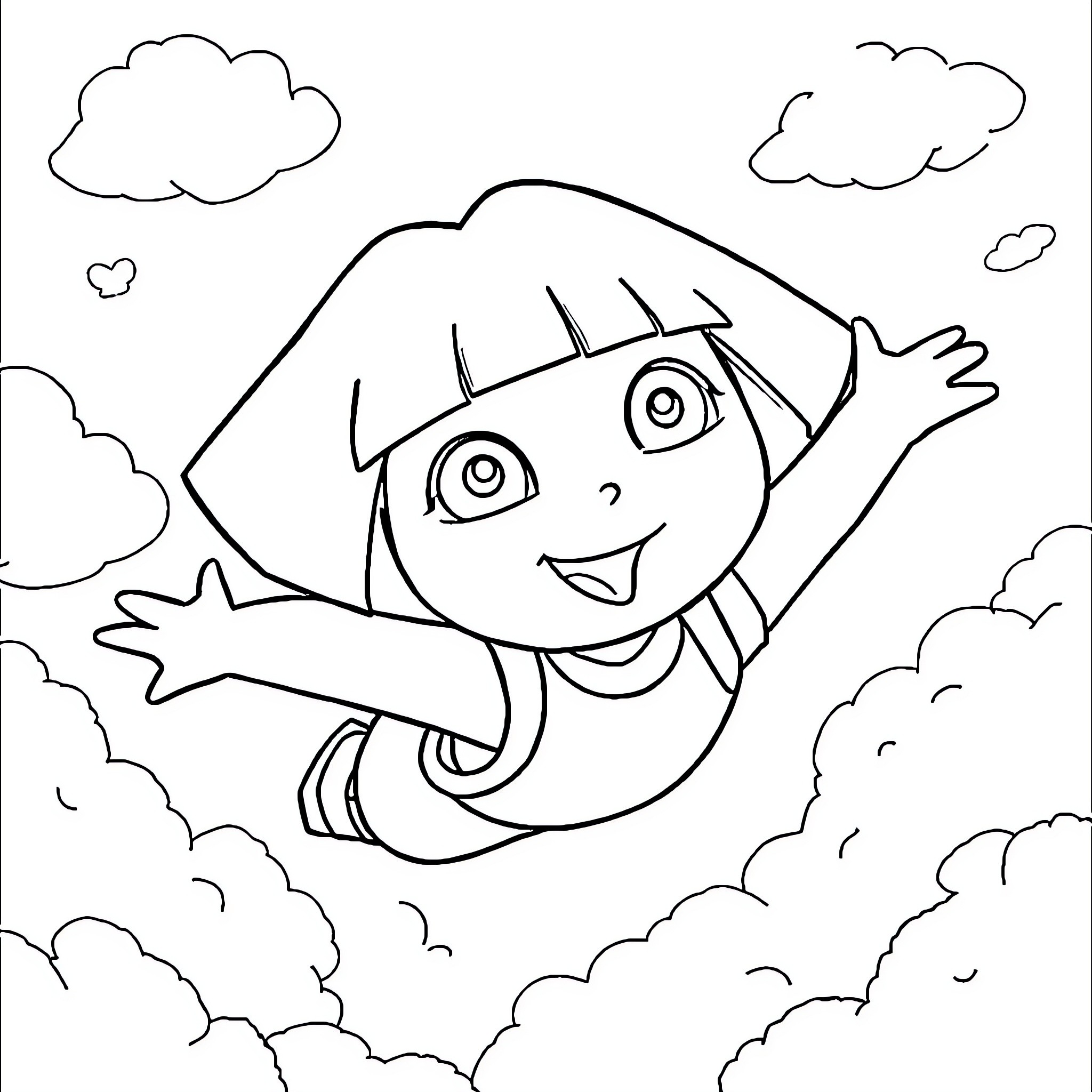 Dora exploring the clouds with joy and wonder Coloring Page (free black-and-white line drawing printable PDF for all, from beginners to advanced learners, including children, teens, adults, and seniors)