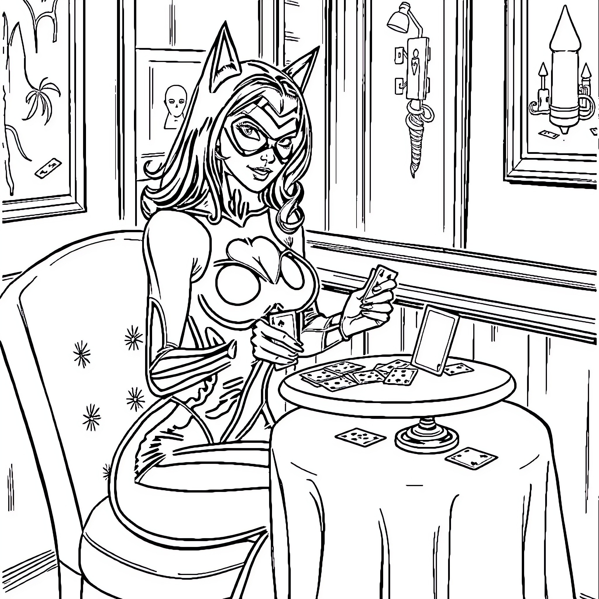 Cat Woman Playing Cards in Lair Coloring Page (free black-and-white line drawing printable PDF for all, from beginners to advanced learners, including children, teens, adults, and seniors)